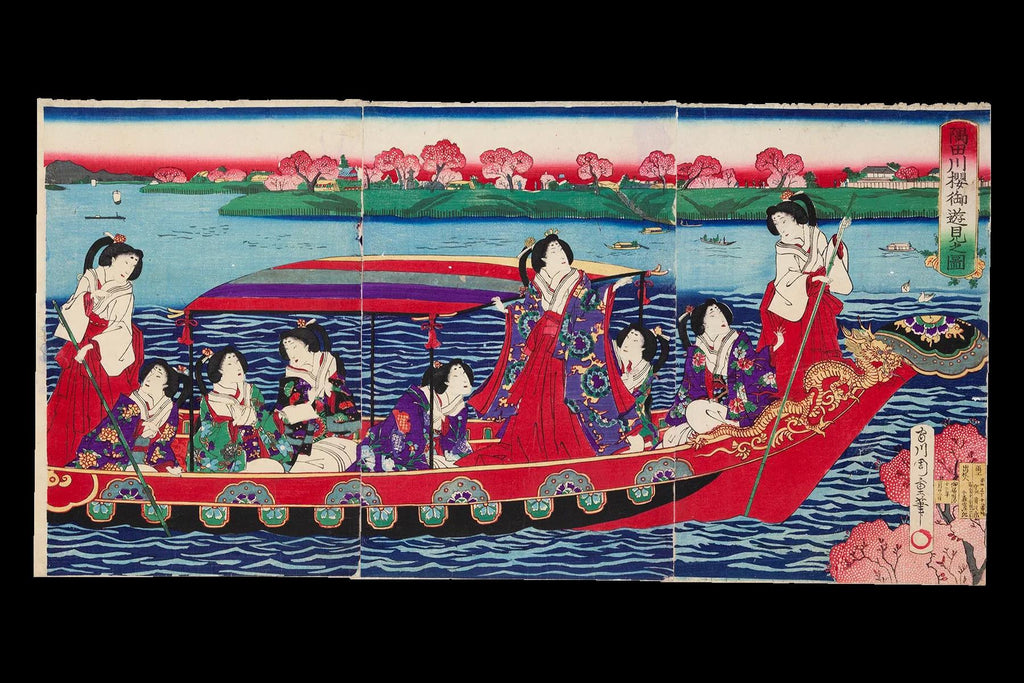 Japan 1879 Meiji Era Woodblock Print By Chikashige Morikawa, Noble Ladies On A Boat And Cherry Blossoms, Triptych Panels Set, Asian Arts