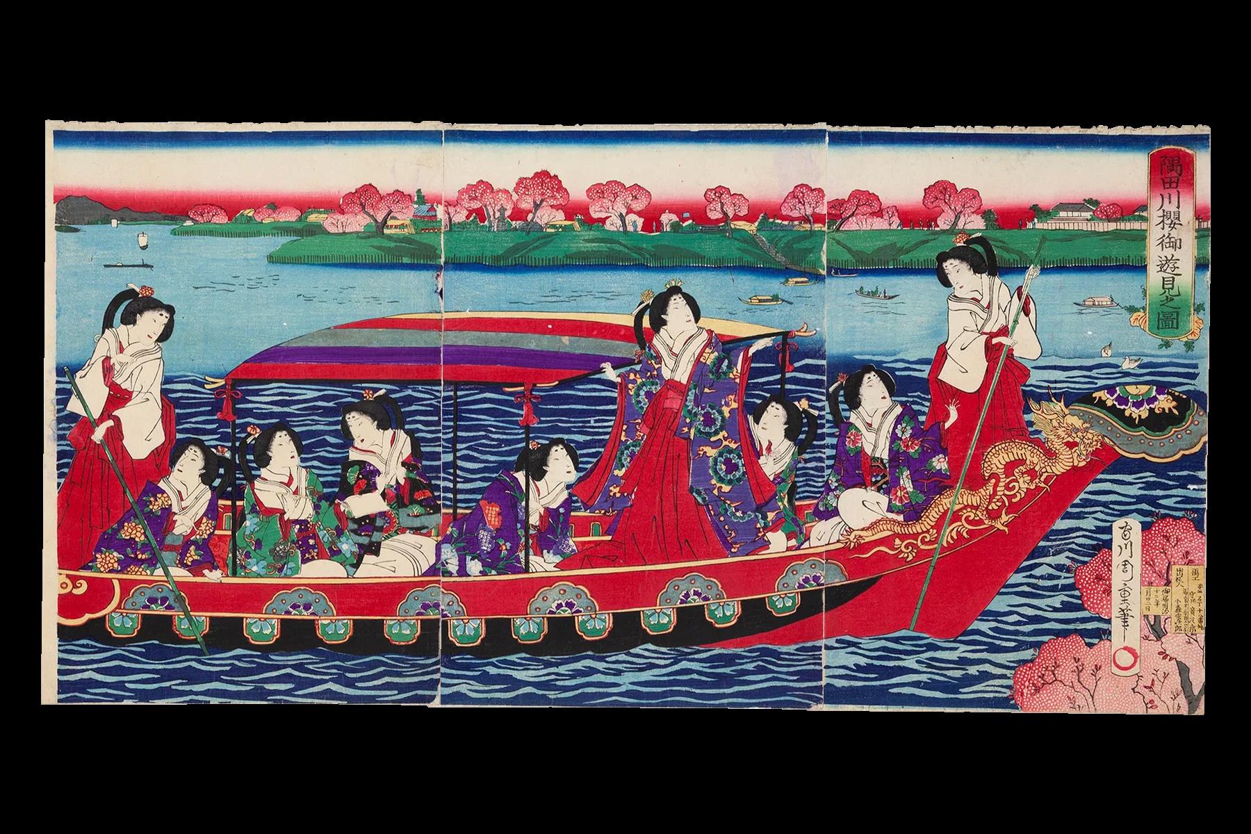 Japan 1879 Meiji Era Woodblock Print By Chikashige Morikawa, Noble Ladies On A Boat And Cherry Blossoms, Triptych Panels Set, Asian Arts