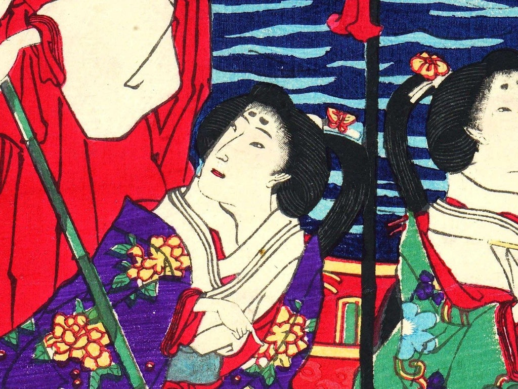 Japan 1879 Meiji Era Woodblock Print By Chikashige Morikawa, Noble Ladies On A Boat And Cherry Blossoms, Triptych Panels Set, Asian Arts