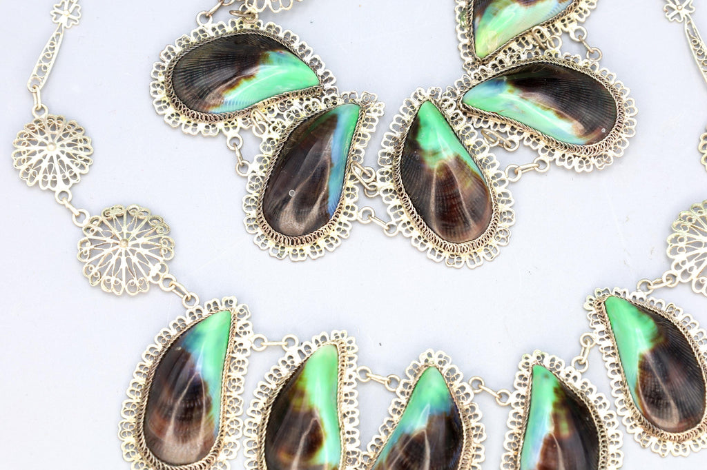 SUPER RARE, Art Deco Jewelry Set, Necklace, Bracelet And Earrings, Portuguese 800 Silver And Mussels Shells, Wirework Cannetille Ca 1930s