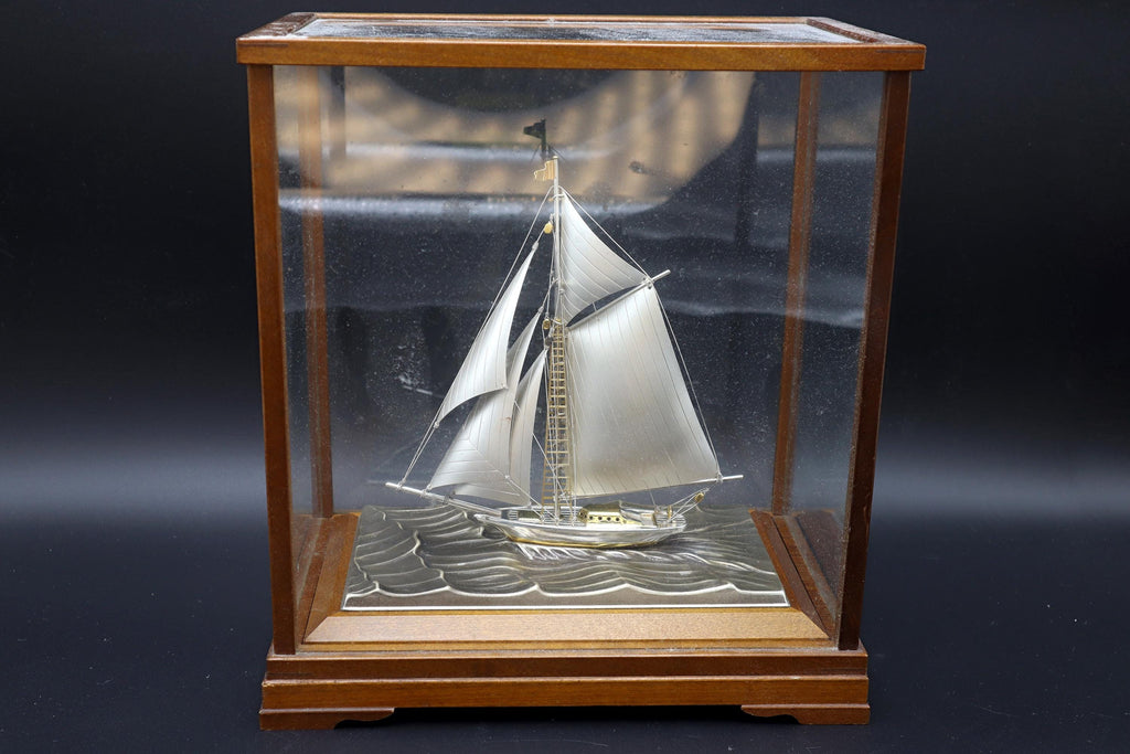 Handmade And Finely Detailed Sterling 960 Silver Model Of A Sailing Ship, Sports Boat Sculpture By Japanese Artist Silversmith Seki Takehiko