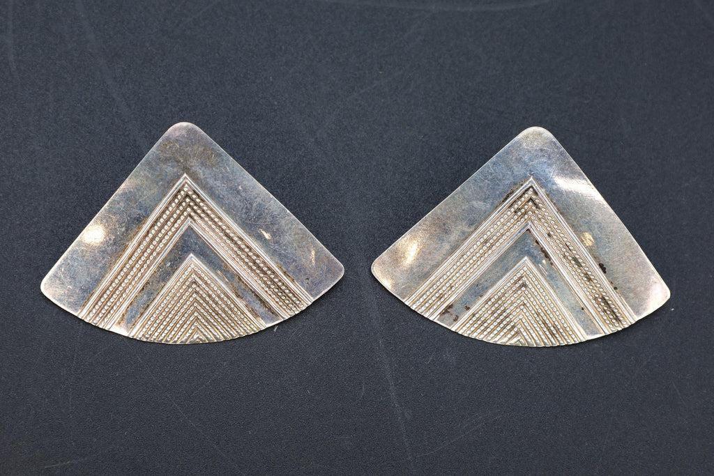 Large Modernist Stud Earrings With A Triangle Geometric Shape And Tribal Design, 925 Sterling Silver, Handmade Artisan Jewelry Art