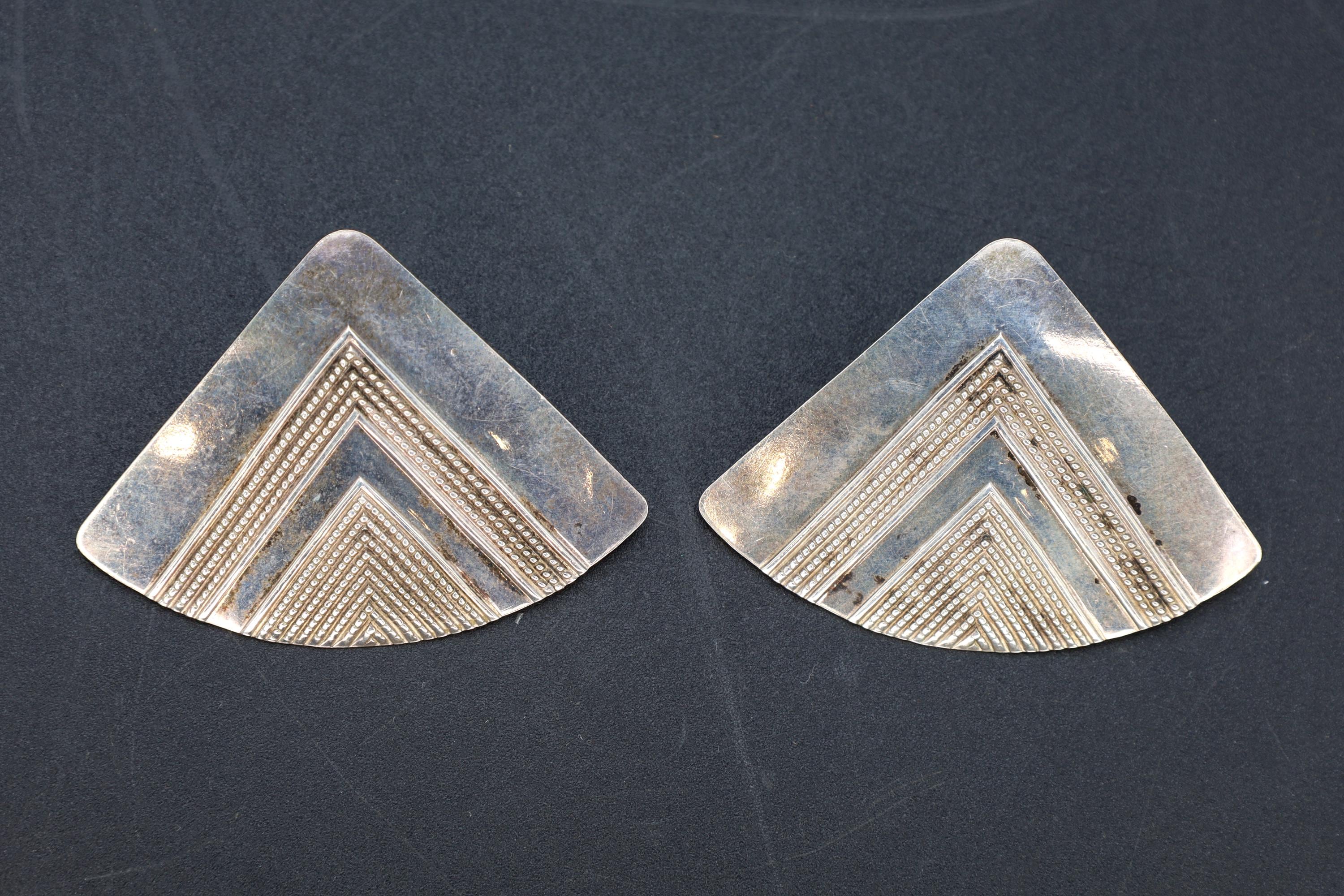 Large Modernist Stud Earrings With A Triangle Geometric Shape And Tribal Design, 925 Sterling Silver, Handmade Artisan Jewelry Art