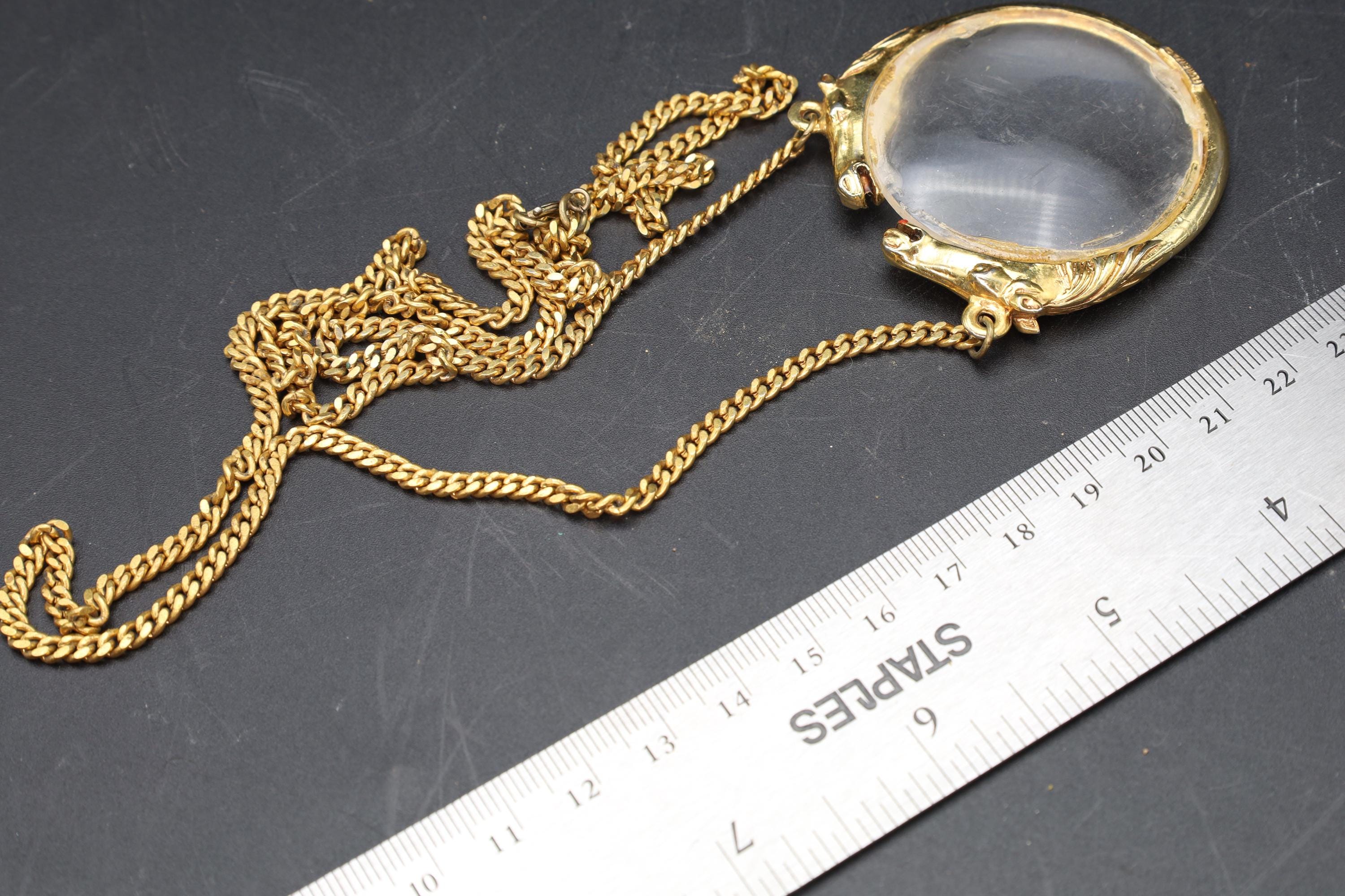 Florenza Magnifier Glass Pendant Necklace With Two Stallion Horses, Vintage 1980s Jewelry, Gold Tone Custome Jewelry, Womens Fashion