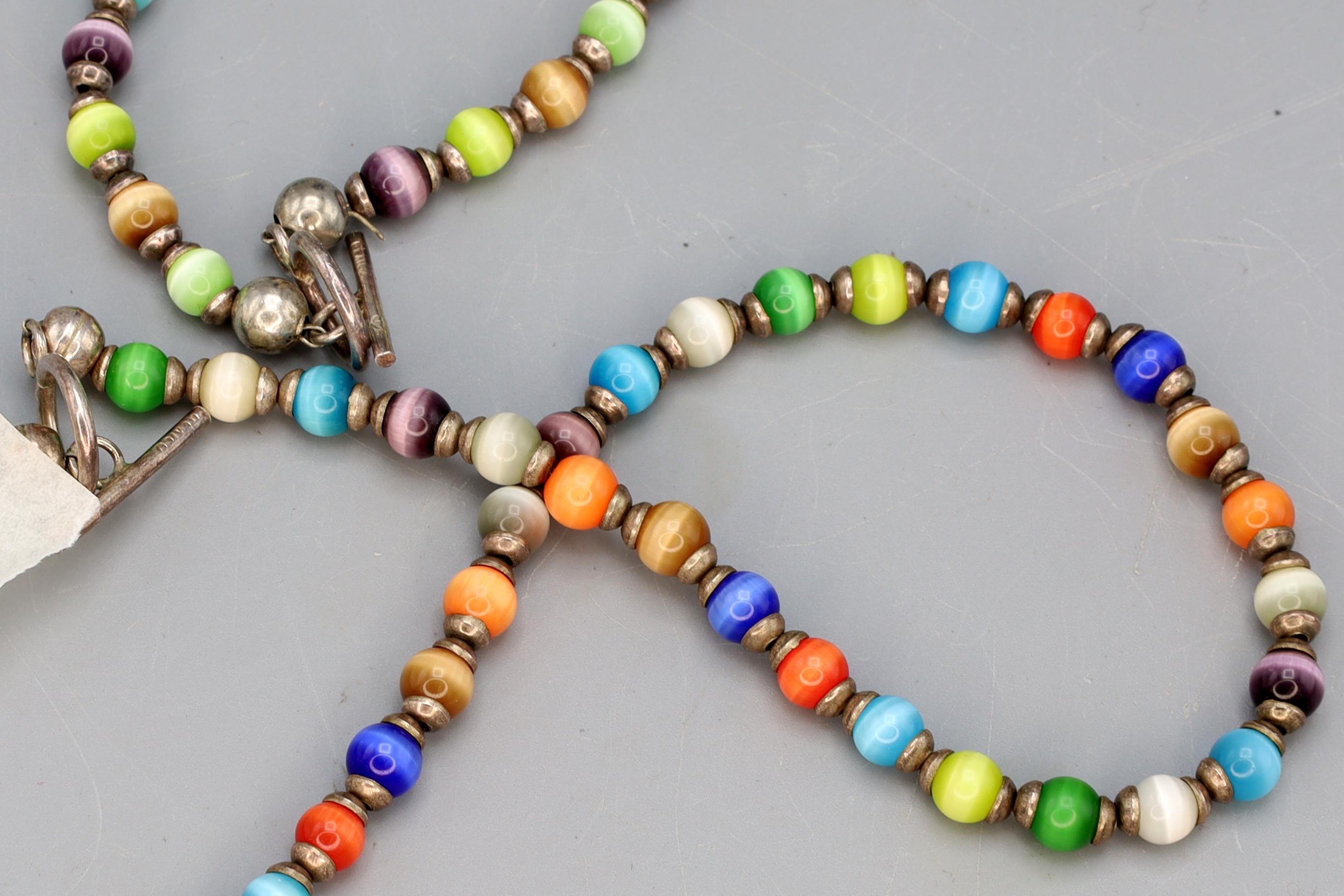 Rainbow Cats Eye Glass Necklace And Bracelet, Mexico 925 Sterling Silver, Ball Beads With Round Cap End Capsule Link, Modernist Jewelry Set