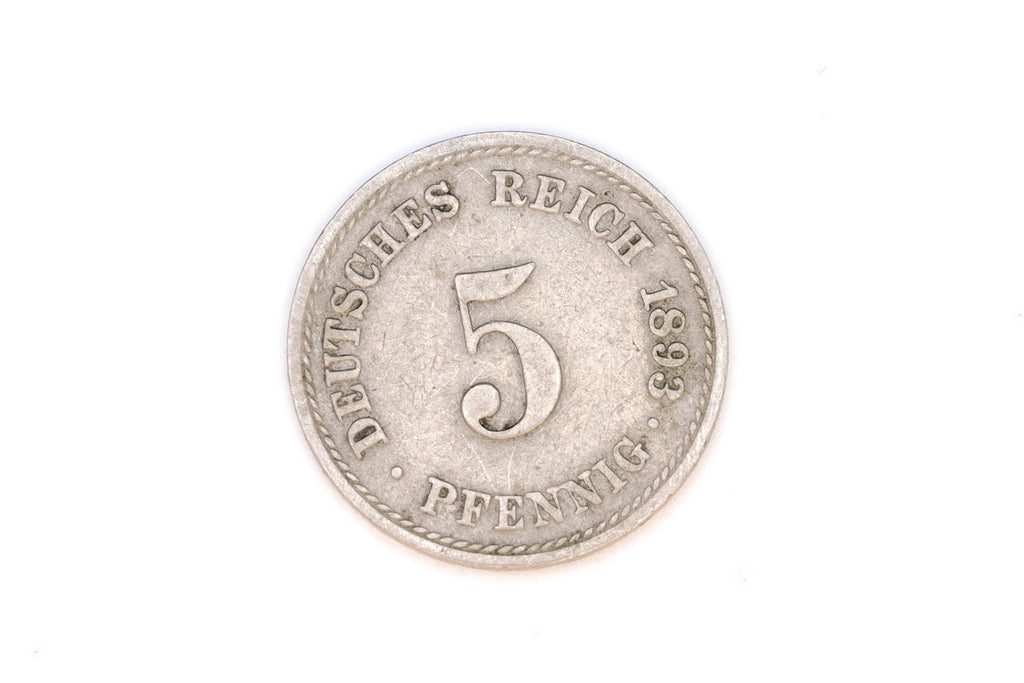 1893 Coinage Of A 5 Pfennigs Coin Under Kaiser Wilhelm II, Berlin Type 2 With Small Shield, Copper Nickel Medal Alignment, Currency Mark