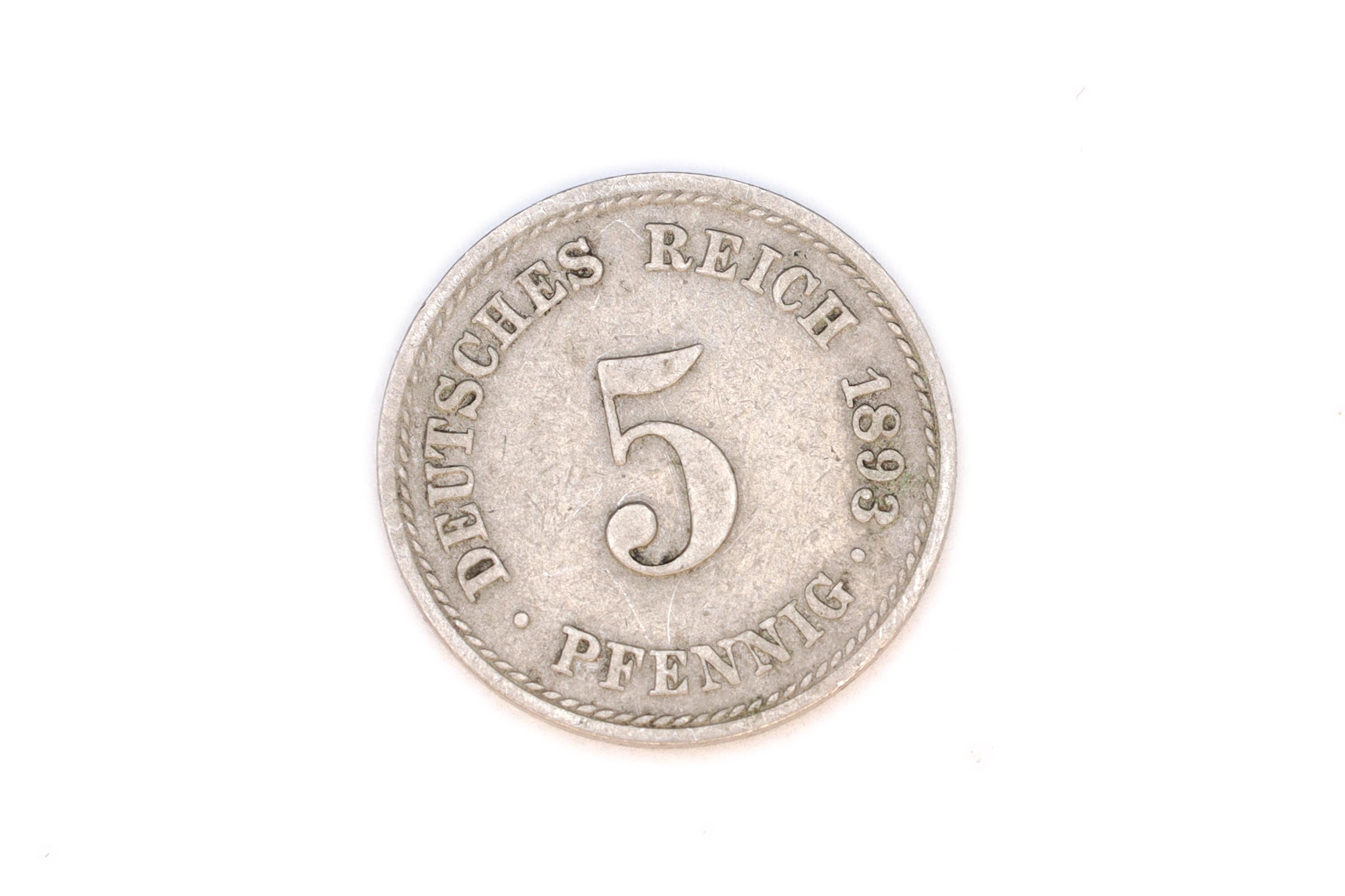 1893 Coinage Of A 5 Pfennigs Coin Under Kaiser Wilhelm II, Berlin Type 2 With Small Shield, Copper Nickel Medal Alignment, Currency Mark