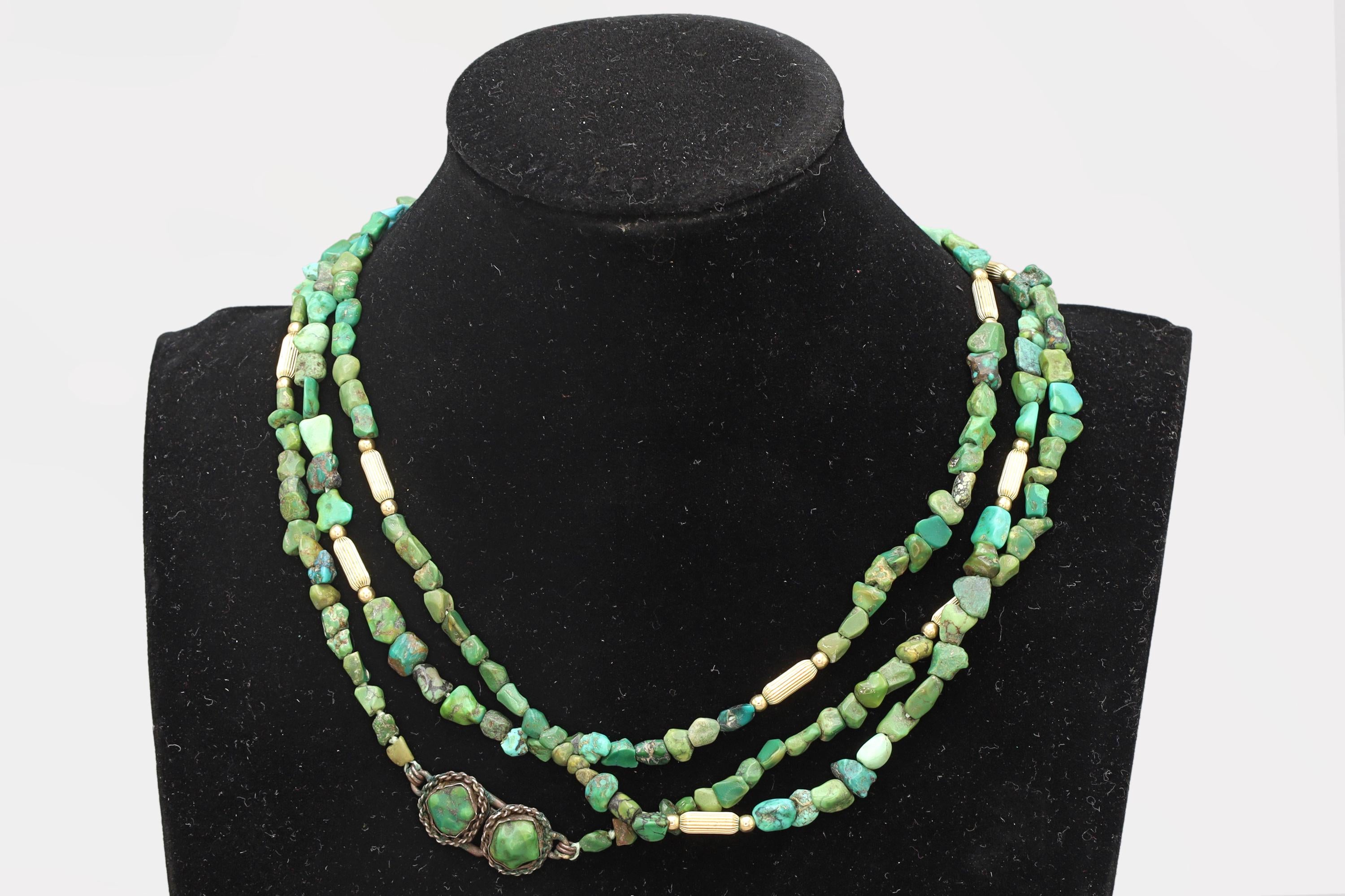 EXTRA LONG Vintage 1920s Chinese Exports Beaded Necklace, Green Turquoise And Sterling Silver, Gemstone Nuggets