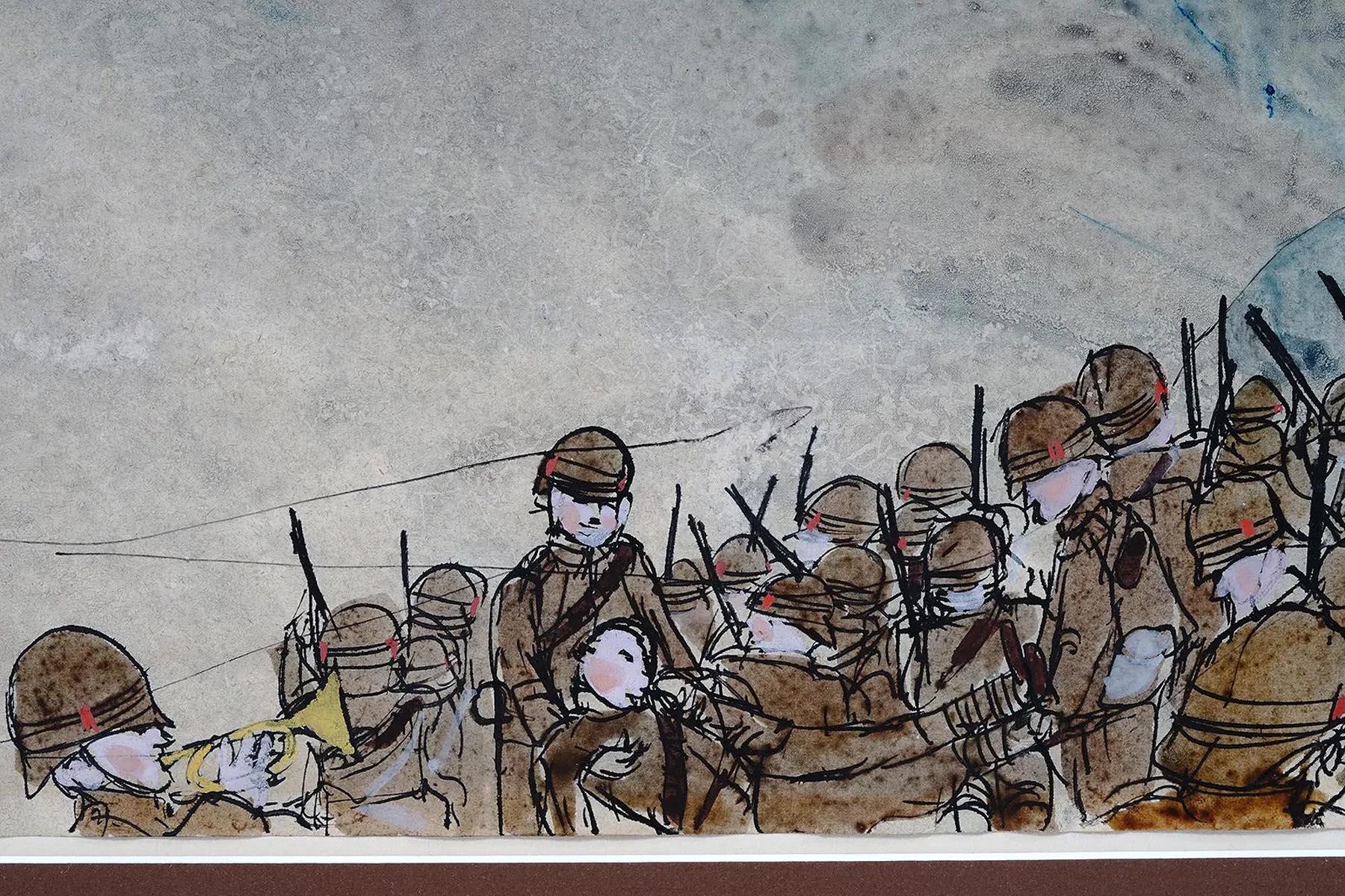 Watercolor And Ink On Paper Painting By Robert Andrew Parker, Battle Of The Bulgarian And British Armies On A Seashore Landscape