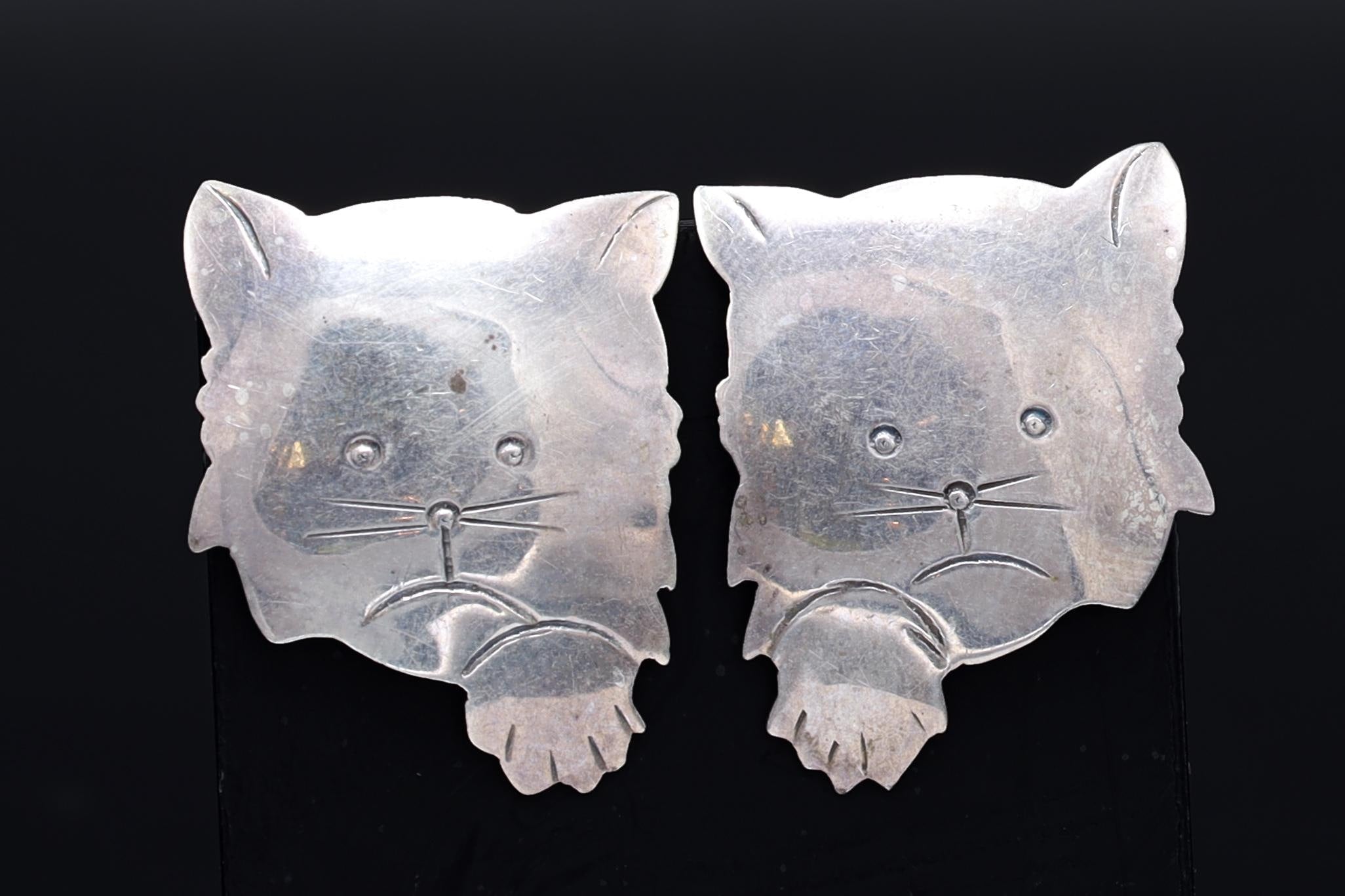 Vintage 1980s Kitten Stud Earrings, MC 925 Sterling Silver Hallmarks, American Large Studs, Womens Jewelry, Cats Animal Figural Art