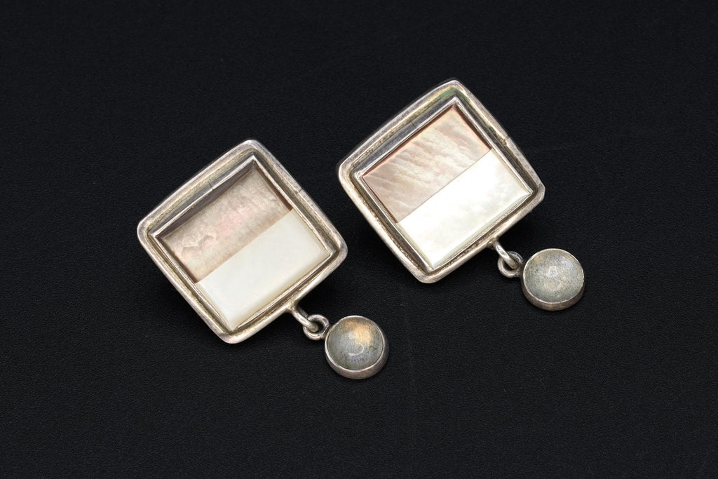 Rare 1960s GFMW Stud Earrings, Square 925 Sterling Silver With A Mother Of Pearl Mosaic And A Moonstone Dangle, Womens Fashion Accessories