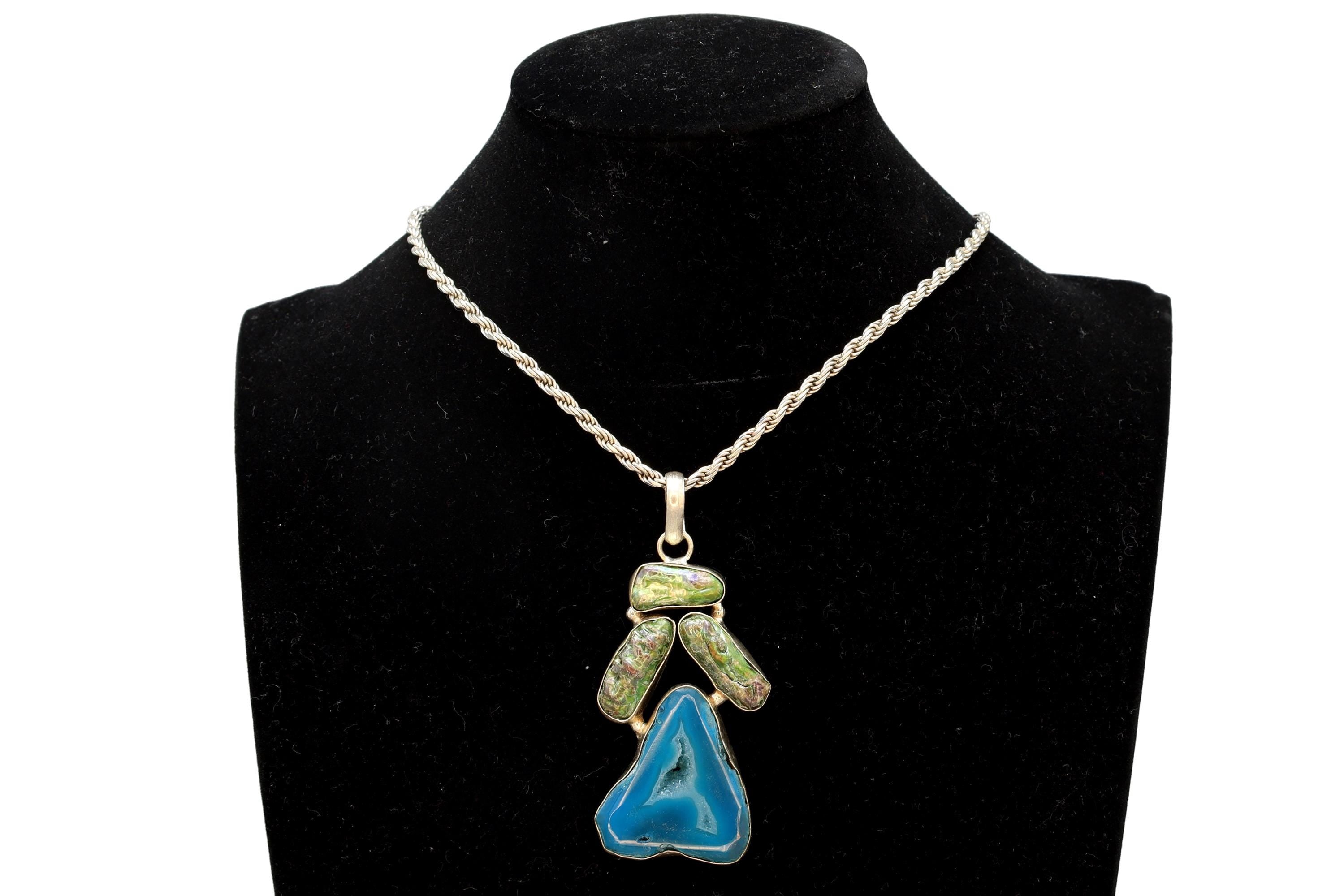 Vintage Sterling Silver Pendant Necklace, Blue Druzy Quartz And Freshwater Pearls In A Modernist Setting, Fashion Accessories And Jewelry