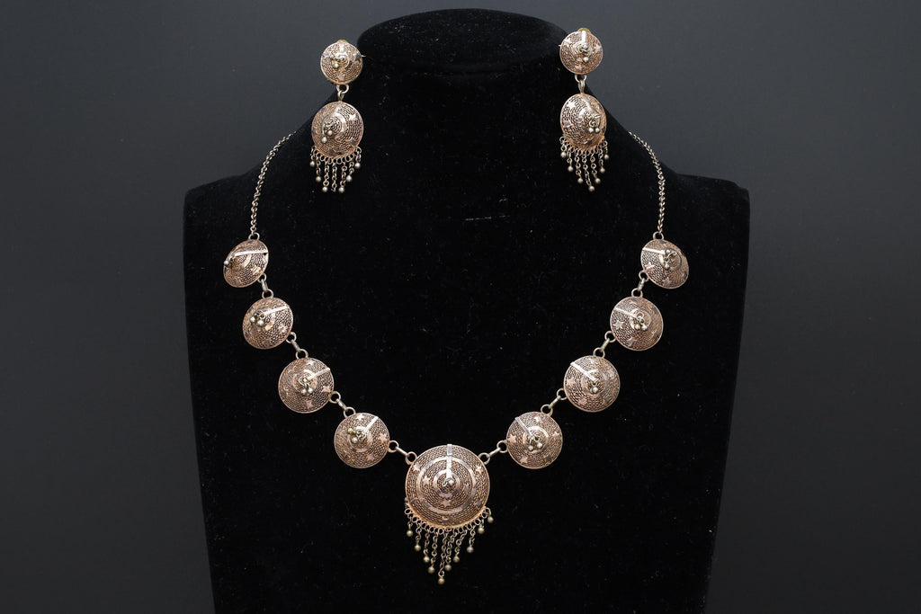 Art Deco Jewelry Set, Bib Panel Necklace With Dangling Fringes And Earrings. 900 Silver Filigree And Rose Gold Wash. Portugal Ca 1940s