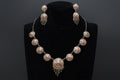 Art Deco Jewelry Set, Bib Panel Necklace With Dangling Fringes And Earrings. 900 Silver Filigree And Rose Gold Wash. Portugal Ca 1940s