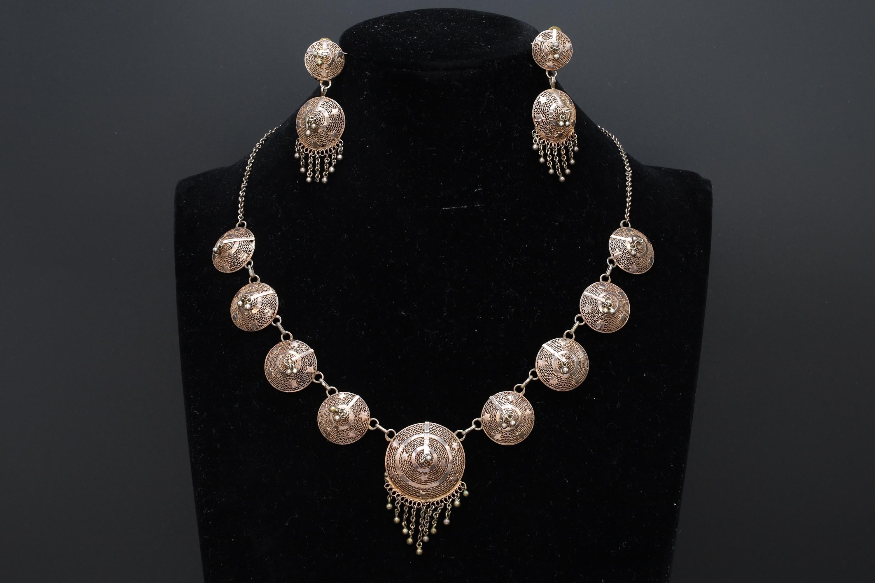 Art Deco Jewelry Set, Bib Panel Necklace With Dangling Fringes And Earrings. 900 Silver Filigree And Rose Gold Wash. Portugal Ca 1940s