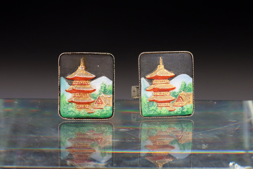 Toshikane Cufflinks, Sterling Silver And Porcelain, Chureito Pagoda, Chastain Tower, Fujiyoshida Cenotaph, Fashion Accessories And Jewlery