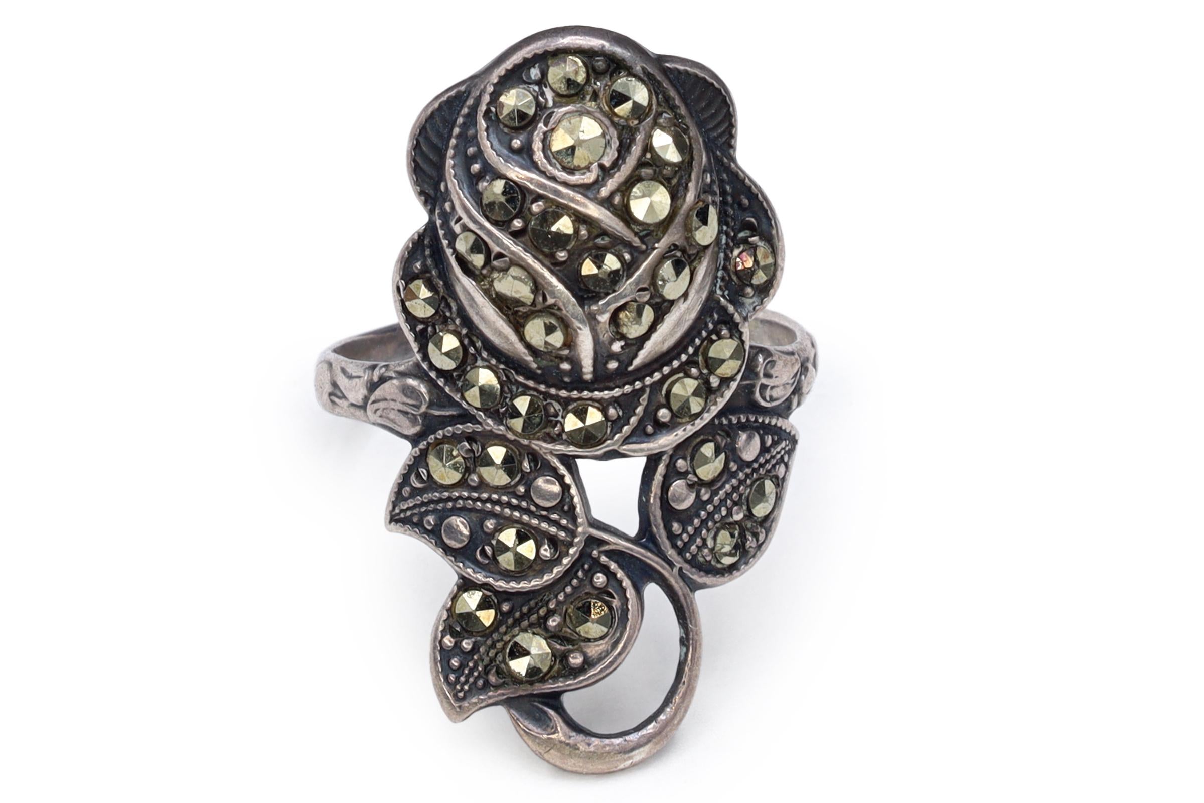 Uncas Jewelry, Sterling Silver And Marcasite Rose Ring Size 6 With Jeweler Hallmarks, Art Deco Flower Fashion Accessories, Retro Americana
