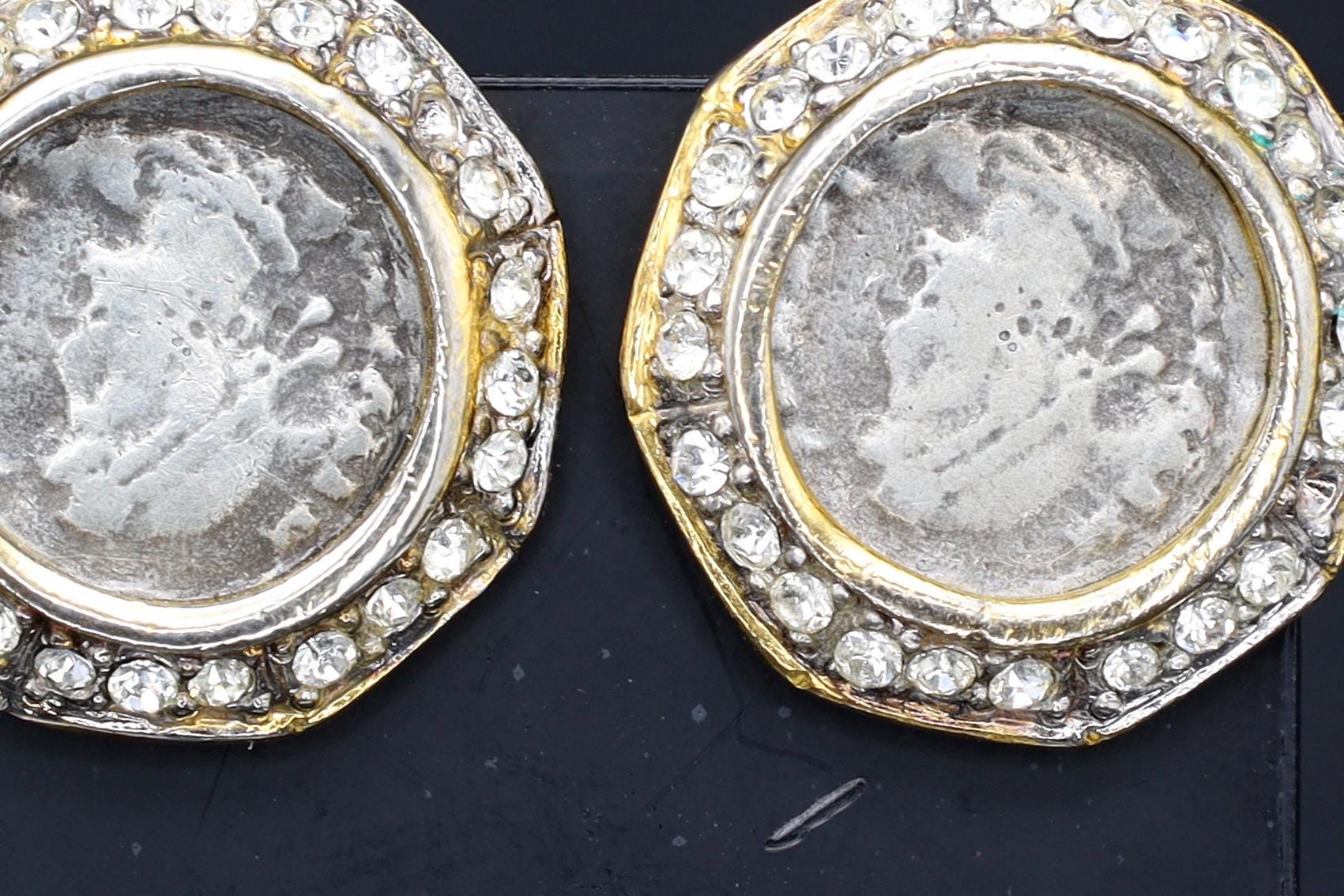 Vintage Kenneth Jay Lane Jewelry, Clip On Earrings With Roman Coin And Clear Stone Accents On Gold Tone Base