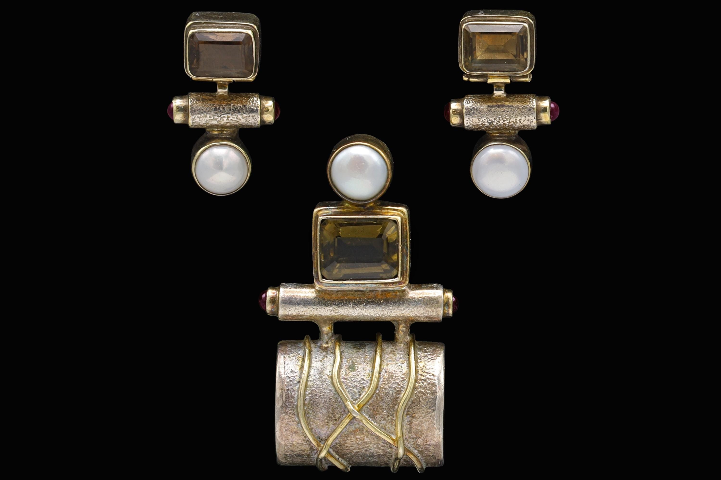 Modernist Jewelry Set With Earrings And Brooch Made With 925 Silver, Gold Wash Vermeil, Smoky Quartz And Pink Purple Garnet Cabochons