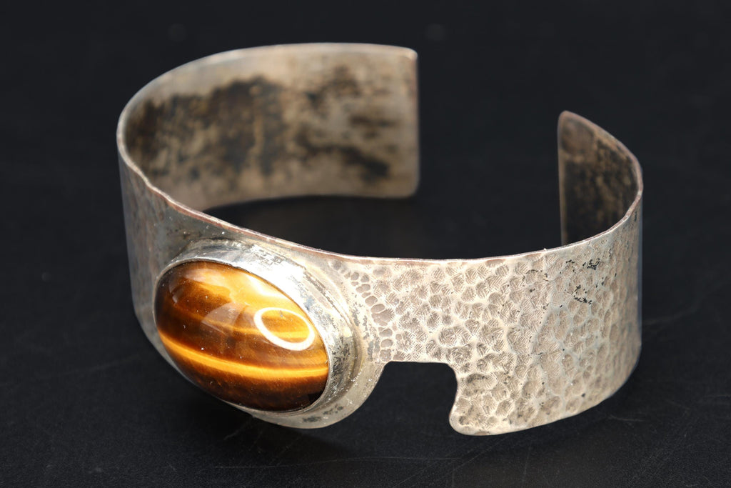 Brutalist Cuff Bracelet, 925 Sterling Silver And Oval Tigers Eye Cabochon, Modernist Design, Hammered Metal Bangle, Fashion Accessories