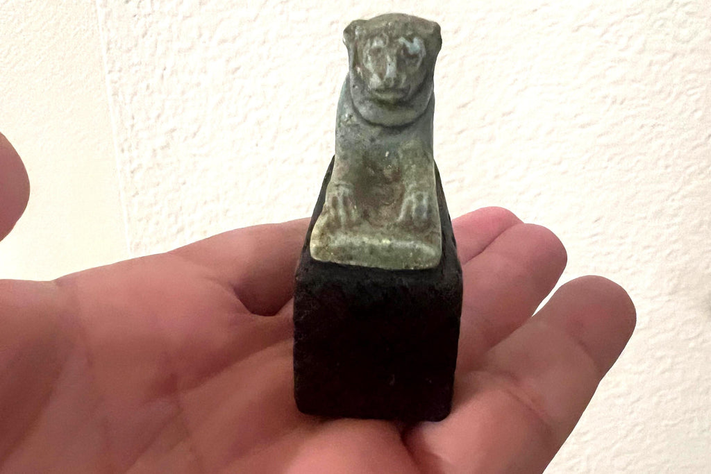 Extremely RARE, Ancient Egyptian Faience Amulet Of A Recumbent Lion Maahes, Late Dynastic Period, Circa 332 BCE. Lying As A Sphinx On Plinth
