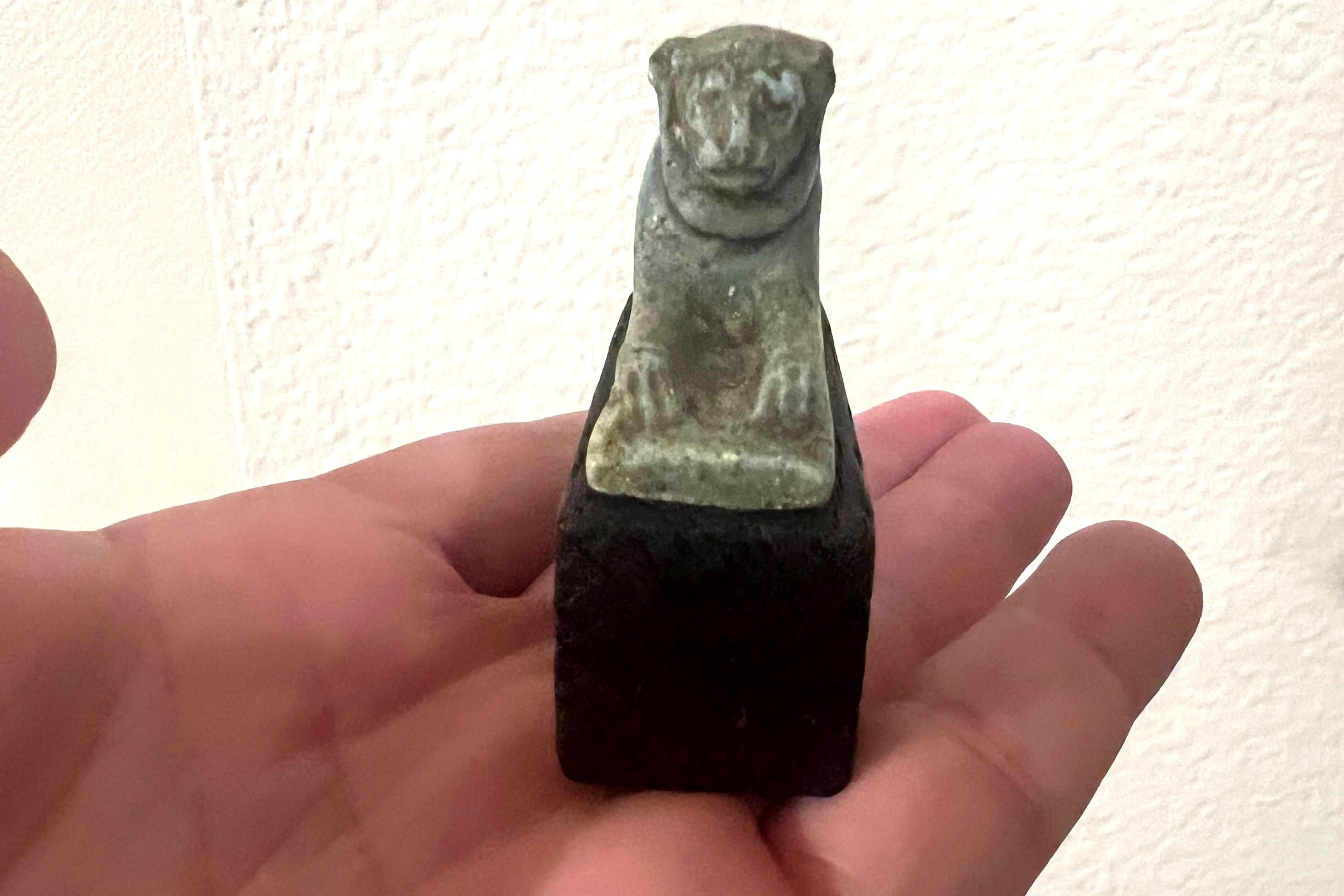 Extremely RARE, Ancient Egyptian Faience Amulet Of A Recumbent Lion Maahes, Late Dynastic Period, Circa 332 BCE. Lying As A Sphinx On Plinth