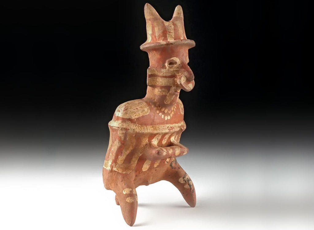 Ancient Pre Columbian Nayarit Pottery Seated Male Warrior Holding Chief’s Baton 300 BCE to 300 AD, West Mexico, Mesoamerican Tomb Burial Art