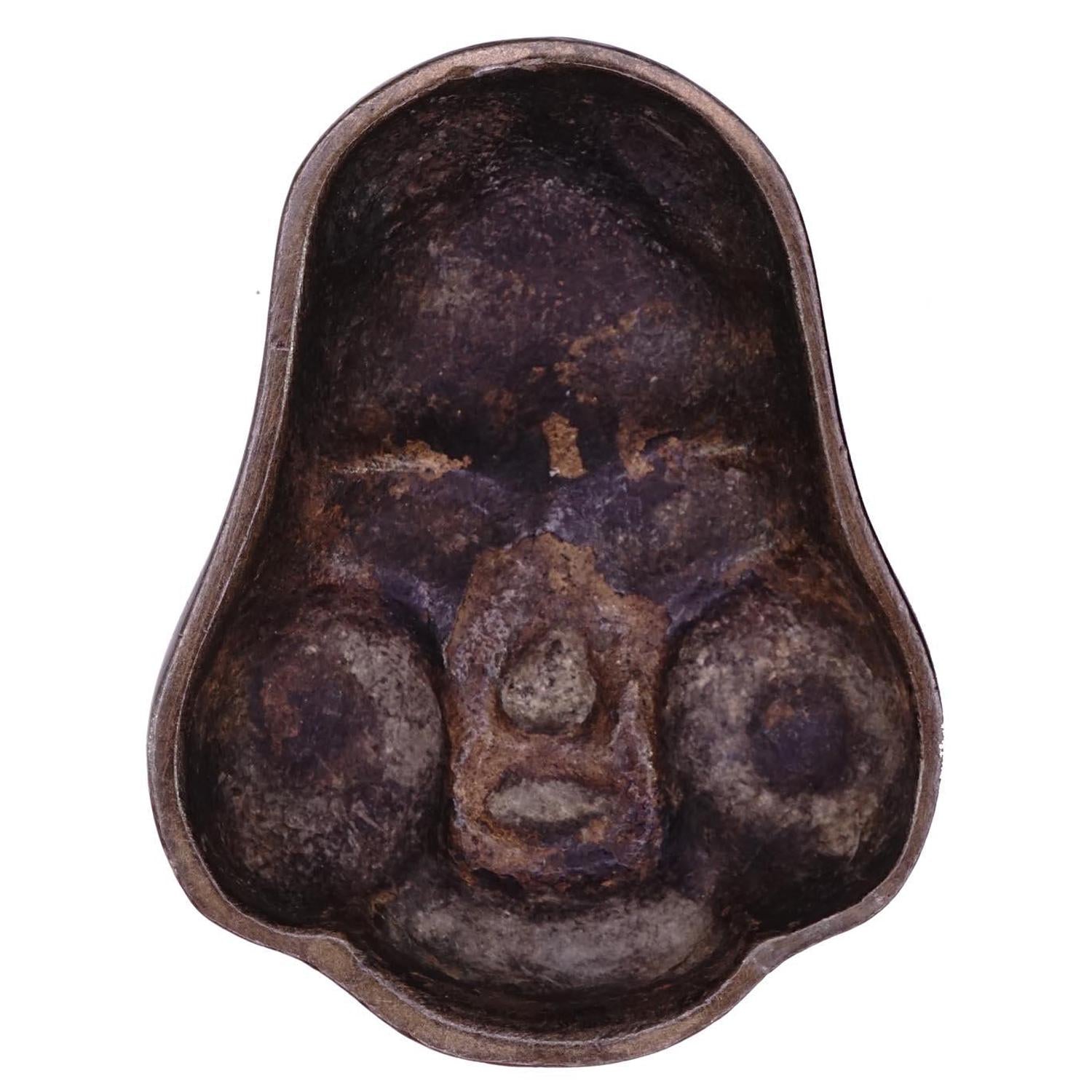 Antique Early 20th Century Taisho Era Japan Decorative Wall Hanging Mask. Okame Otafuku Bronze Miniature Figure On Art Deco Wooden Frame