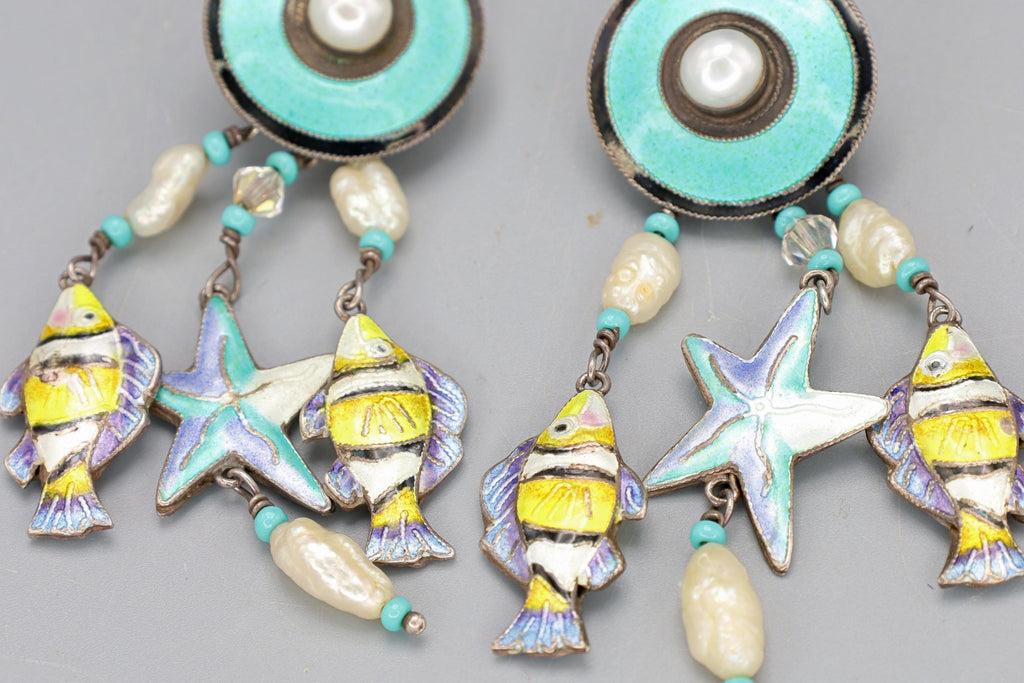 Rare, Vintage 1980s Nautical Sea Life Dangle Earrings, Enameled Sterling And Pearls, Retro Jewelry