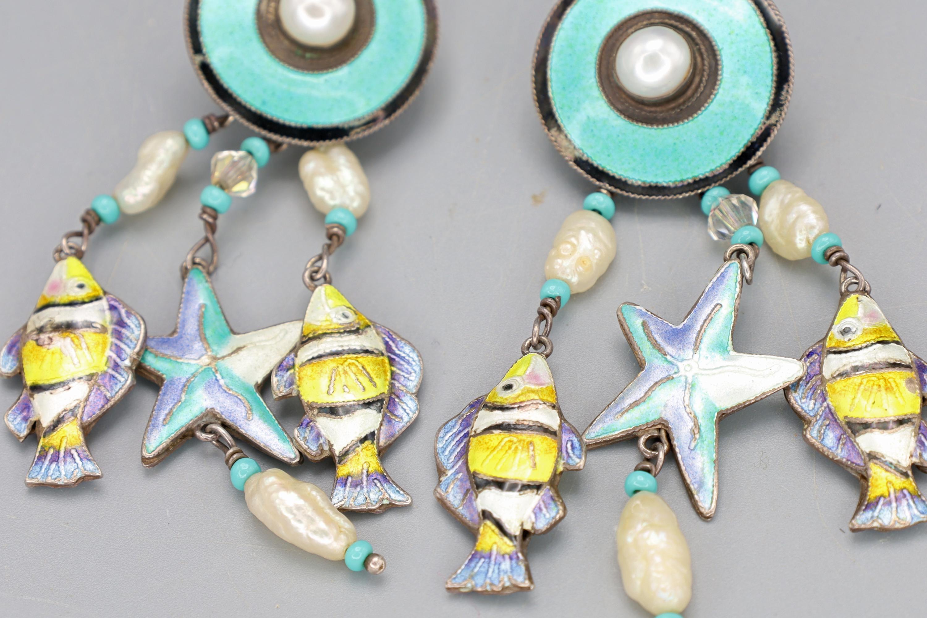 Rare, Vintage 1980s Nautical Sea Life Dangle Earrings, Enameled Sterling And Pearls, Retro Jewelry
