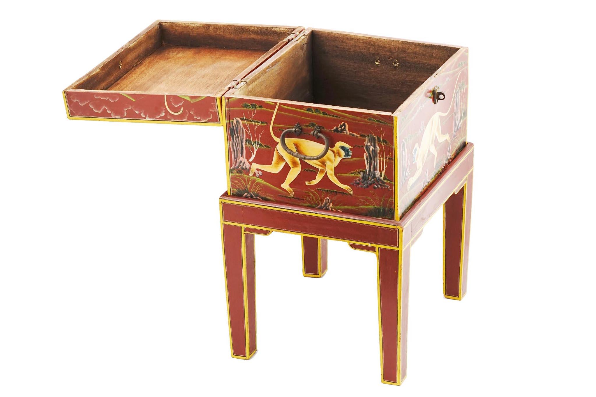 Small Wooden Lidded Cabinet Box Adorned With Oriental Folk Art, Hand Painted Rajasthan Monkeys, Vintage 1970s Chinoiserie Furniture