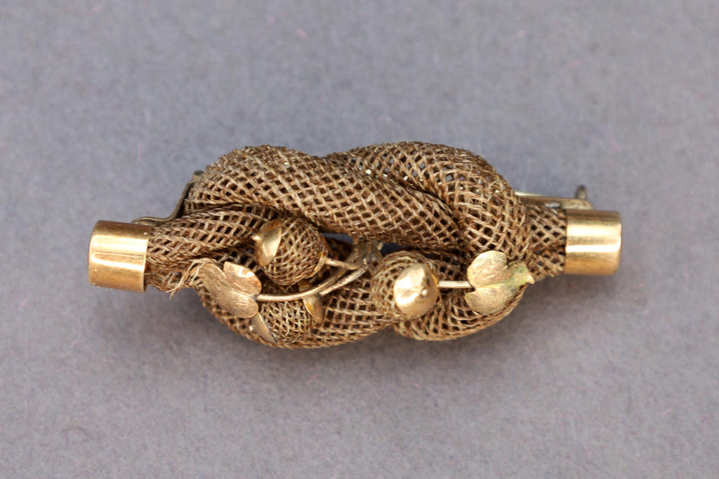 Victorian Era 1880s Jewelry 9 Karats Gold Brooch, Braided Infinite Interlocking Symbol, Memento Mori Pin, England UK, Fashion Accessories