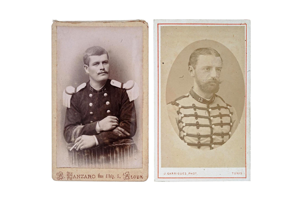 Antique 19th Century French Military Carte de Visite Photographs, Pair Of 1890s Cabinet Portraits Of Young Male Soldiers, North Africa