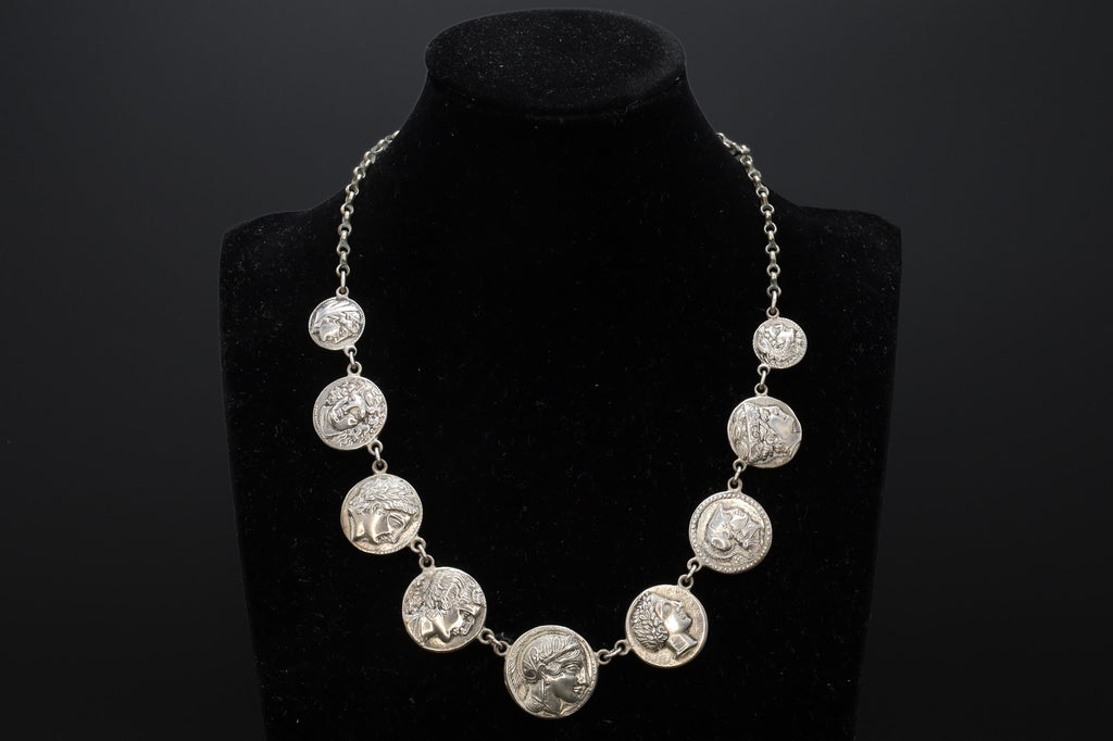 Ancient Greek Coins Necklace, A Vintage 800 Silver Bib Chain Medallion Panel Necklace From Germany, Circa 1960s Fashion Jewelry Accessories