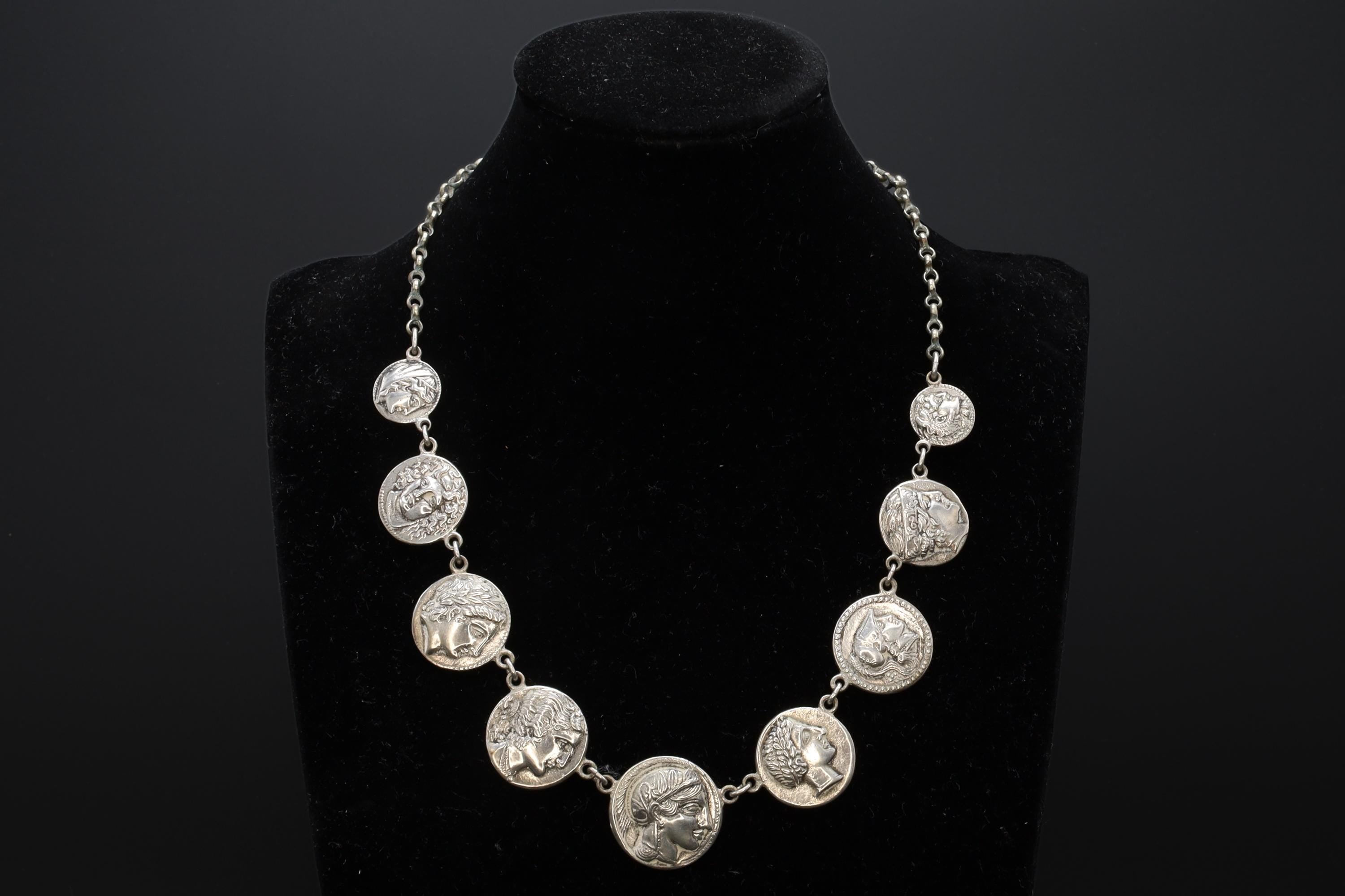 Ancient Greek Coins Necklace, A Vintage 800 Silver Bib Chain Medallion Panel Necklace From Germany, Circa 1960s Fashion Jewelry Accessories
