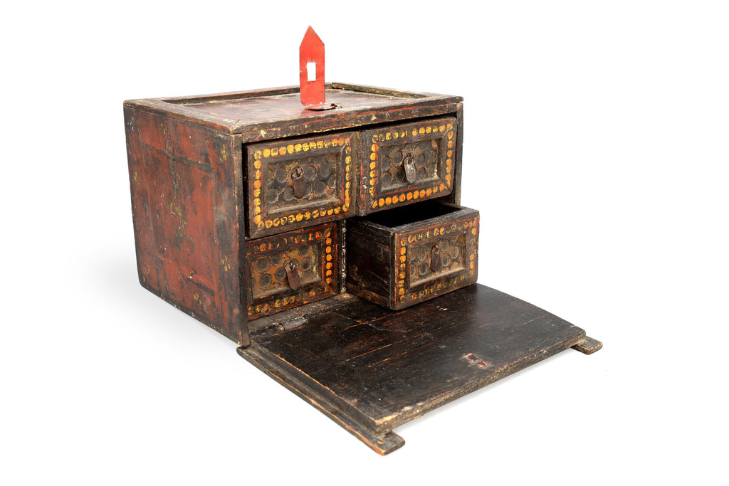 Antique 19th Century Jewelry Box With Drawers, Rajasthan India. Ethnic Rustic Cabinet, South Asia Folk Art, Oriental Crafts And Collectibles