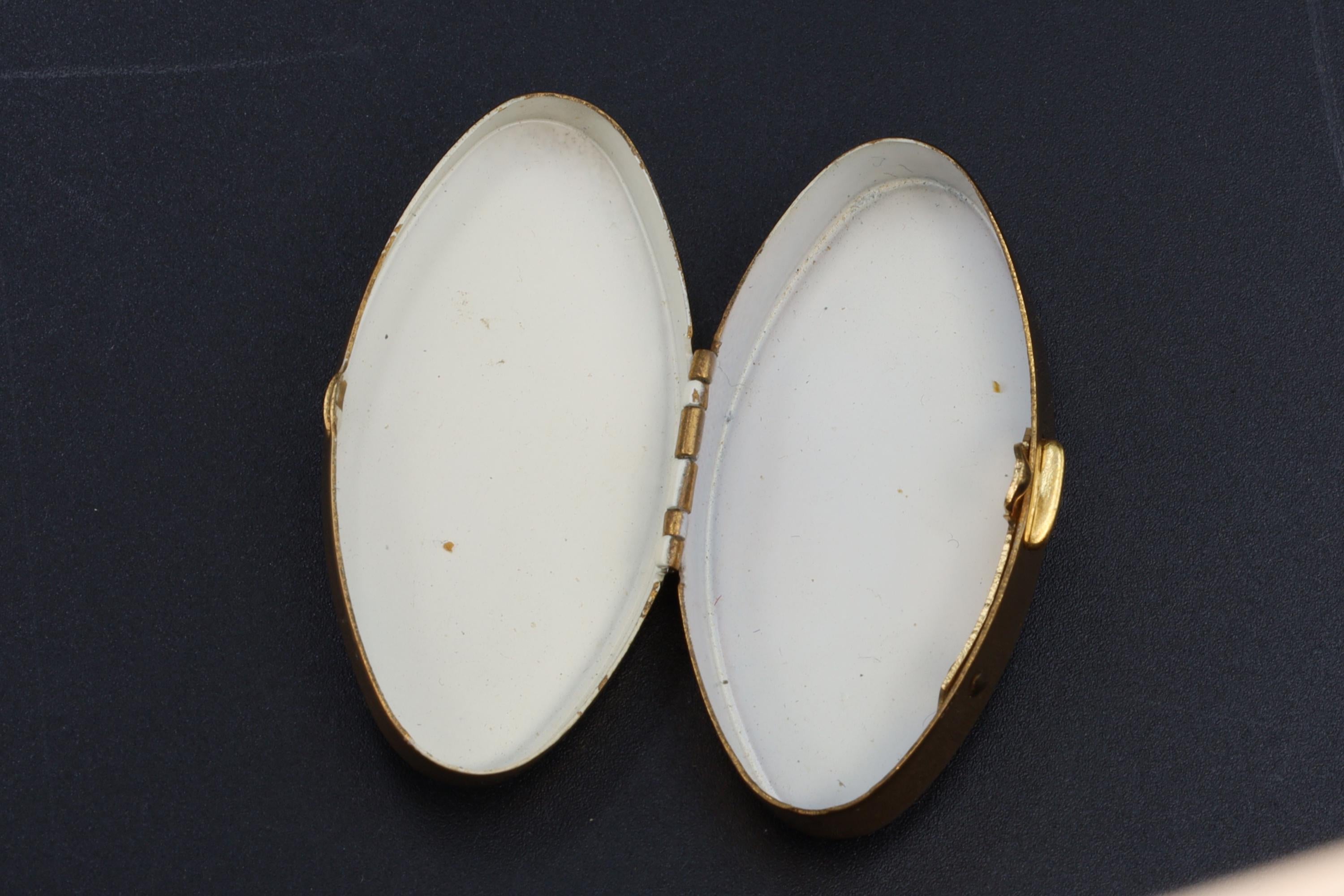 Limoges France, Small Oval Shaped Pill Box, Hand Painted Porcelain And Brass, Mid Century Box In A Rococo Art Style