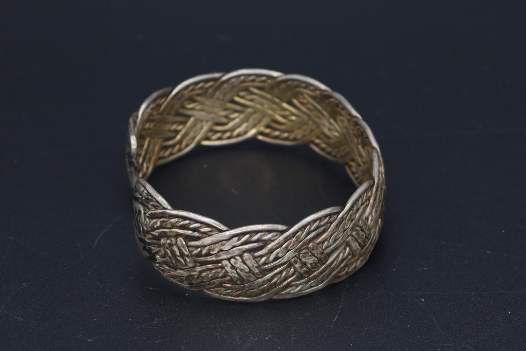 Handmade Cuff Bracelet, 925 Sterling Silver Cuff Bangle With Braided Design. Vintage Unisex Jewelry, Boho Fashion Accessories