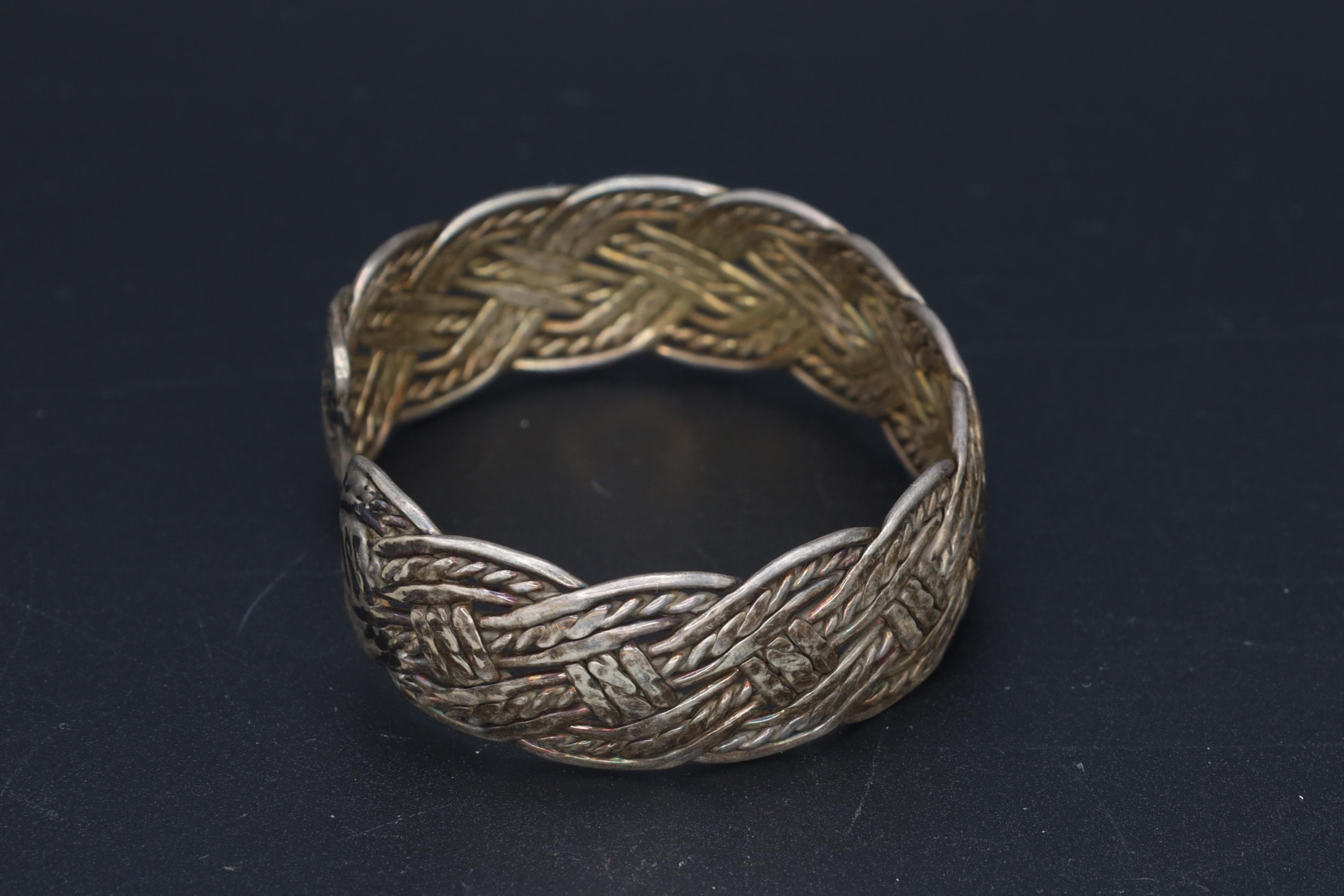 Handmade Cuff Bracelet, 925 Sterling Silver Cuff Bangle With Braided Design. Vintage Unisex Jewelry, Boho Fashion Accessories