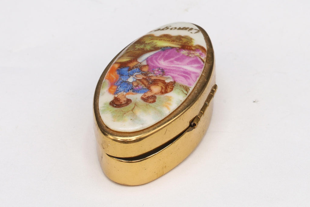 Limoges France, Small Oval Shaped Pill Box, Hand Painted Porcelain And Brass, Mid Century Box In A Rococo Art Style