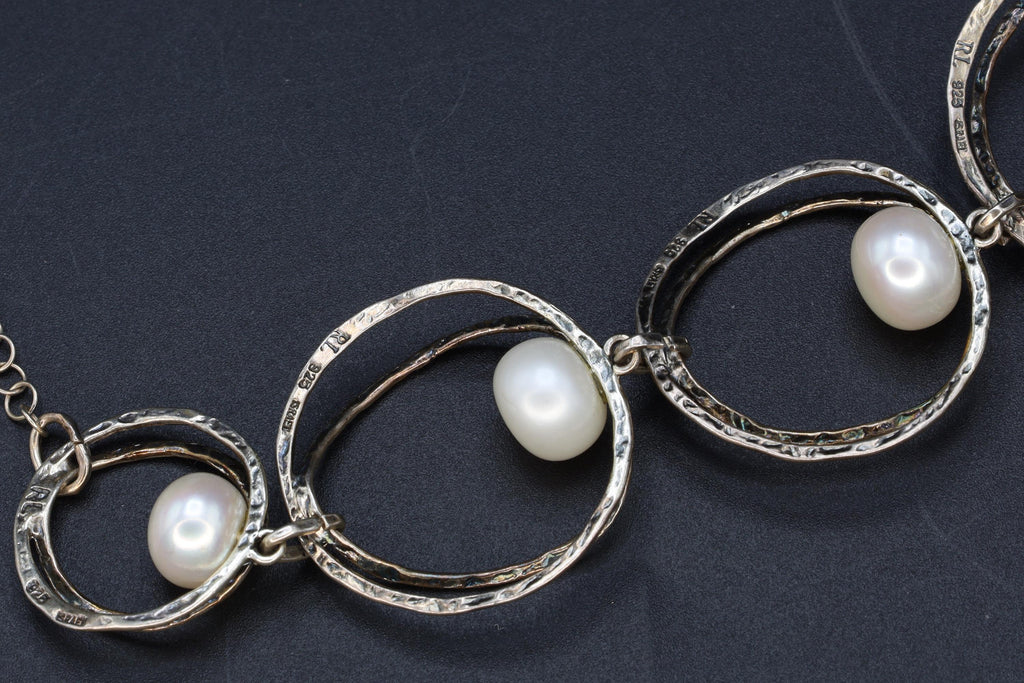 Brutalist Israel Bib Necklace, 925 Sterling Silver And Pearls, Modernist Designs By RL Regina Lane, Modernist Fashion Accessories