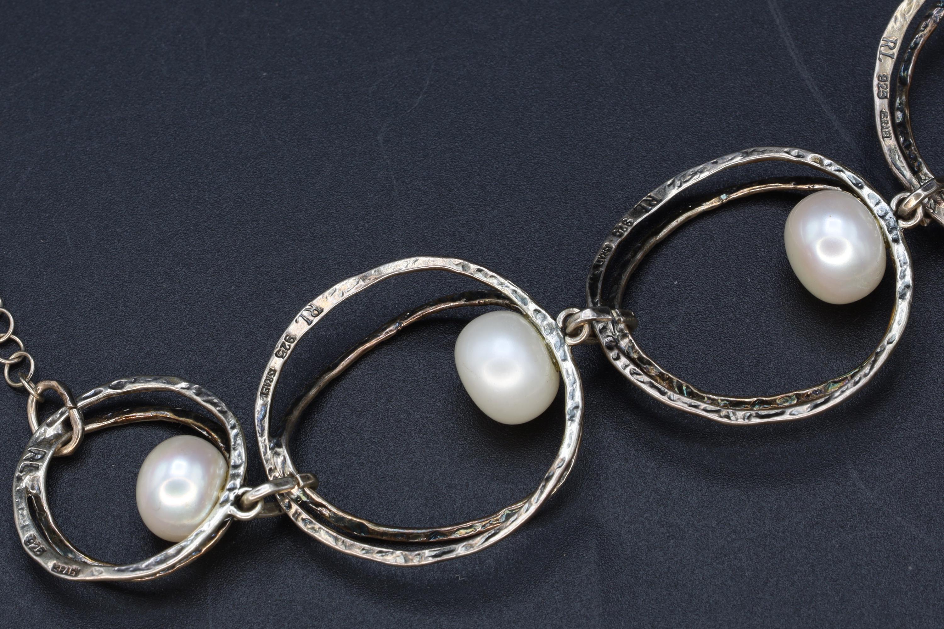 Brutalist Israel Bib Necklace, 925 Sterling Silver And Pearls, Modernist Designs By RL Regina Lane, Modernist Fashion Accessories