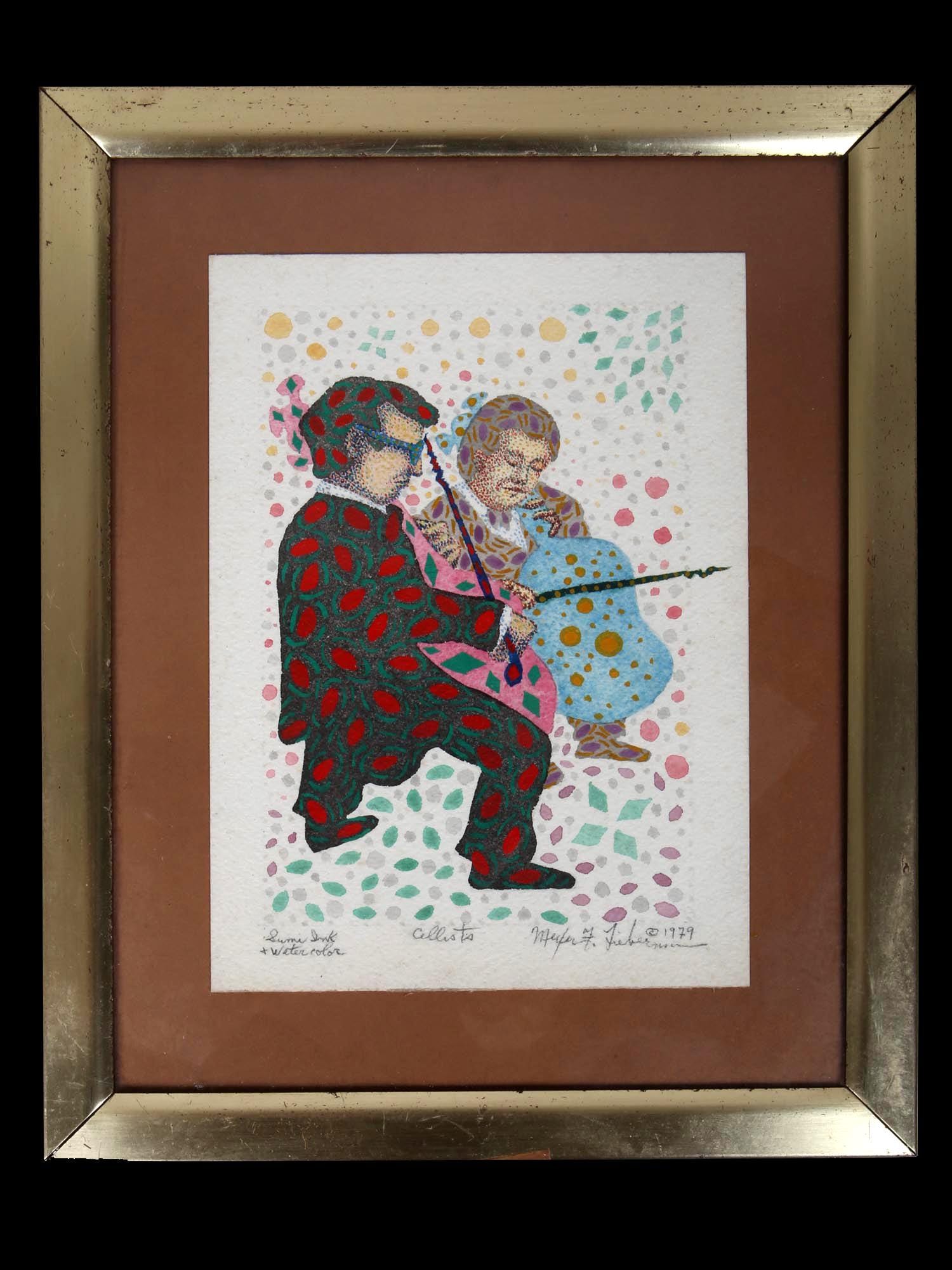 Meyer Frank Lieberman Mixed Media Ink And Watercolor Drawing Painting On Paper, Cellists Musicians, 1979 And Signed Contemporary Judaica Art