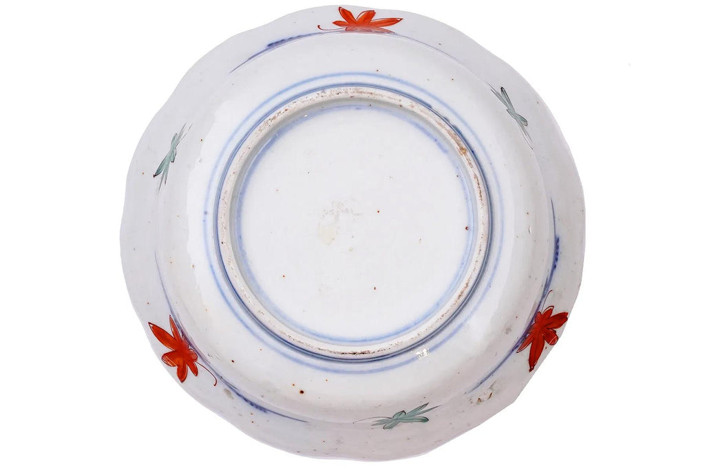 Antique 19th Century Meiji Japan Bowl, An Imari Arita Plate With Calligraphy And Nautical Theme, Porcelain, Blue And White