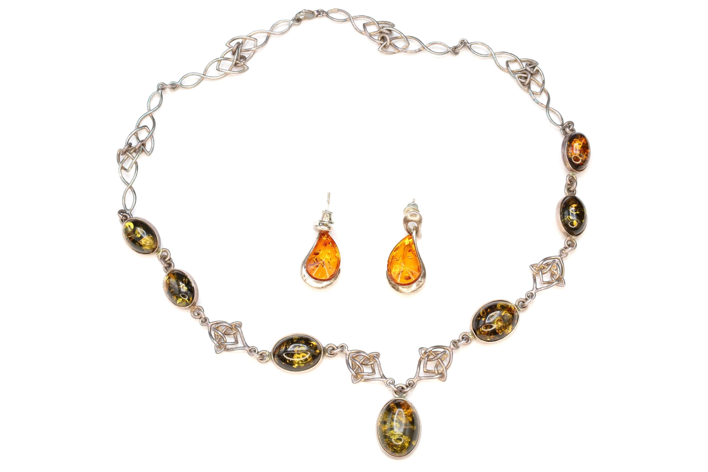 Baltic Amber And Sterling Silver Jewelry Set Arrangement, Irish Celtic Knot Necklace, Poland Drop Earrings, Vintage 1990s Modernist Design
