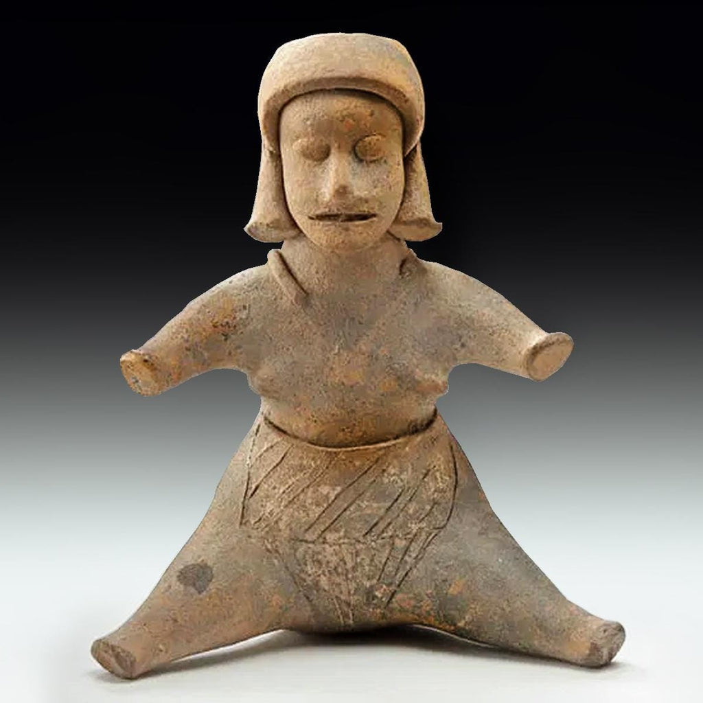 Ancient Pre-Columbian, West Mexican Artwork. Colima Ceramic Shaft Tomb Sitting Figure, Full Body Female Statuette Ca 300 BCE, Antiquities