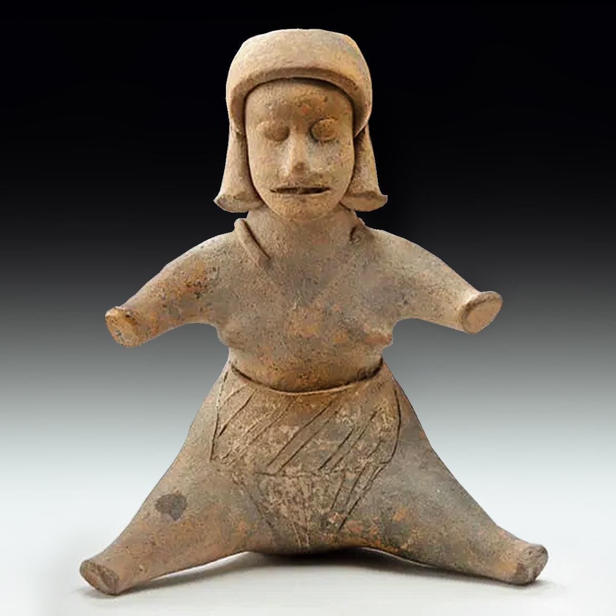 Ancient Pre-Columbian, West Mexican Artwork. Colima Ceramic Shaft Tomb Sitting Figure, Full Body Female Statuette Ca 300 BCE, Antiquities