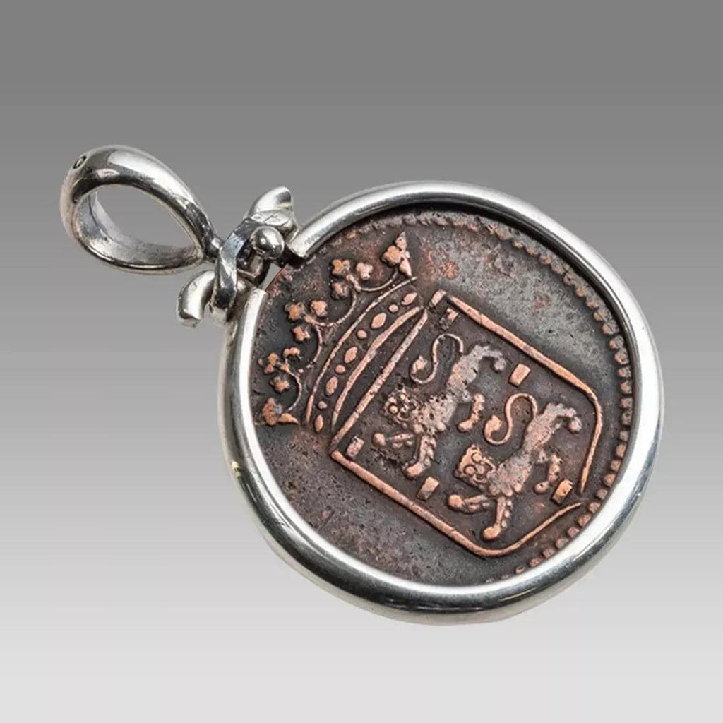 Sterling Silver Pendant With A Dutch East India Company Copper Coin VOC 1745, Coin Jewelry Art, Unisex Fashion, 18th Century Coins