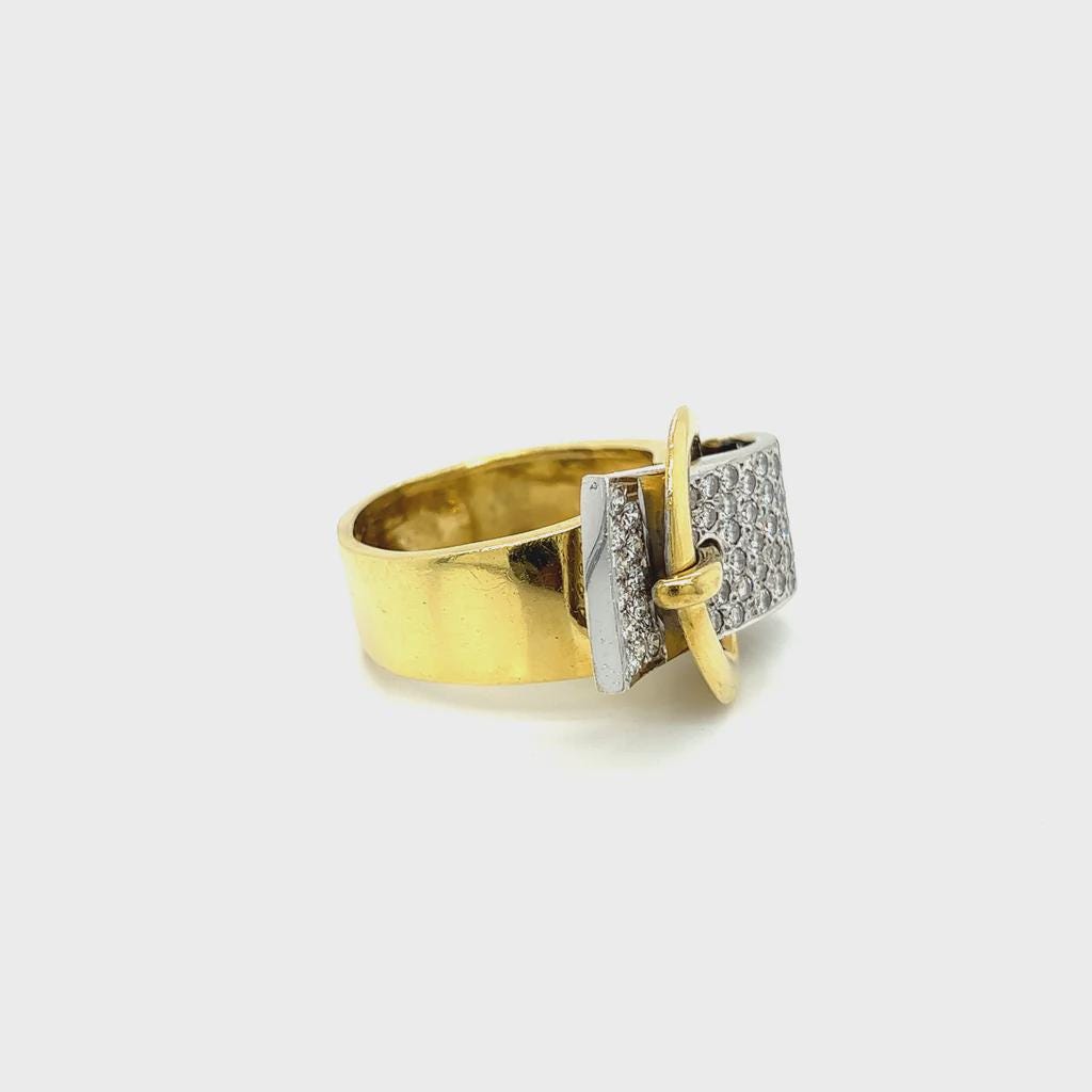 Belt Buckle Statement Ring For Woman, 18 Karat Yellow Gold Ring Size 10, With 3ctw Clear White Diamonds, Weight 15 Grams