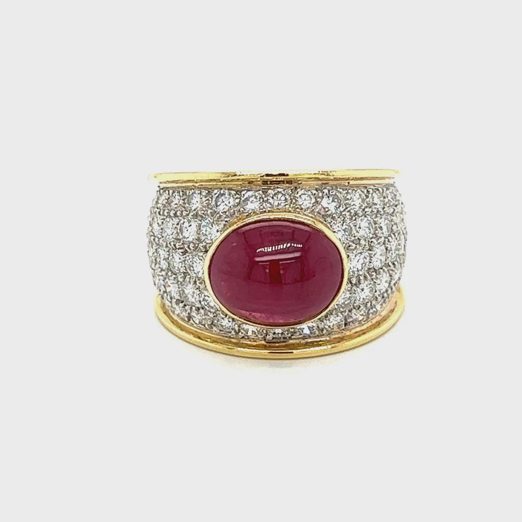 Wide Band Ring For Woman, 18 Karat Yellow Gold Ring Size 8.5 With Ruby And 6ctw White Diamonds Jewelry GIA Certificate, Weight 17.5 Grams